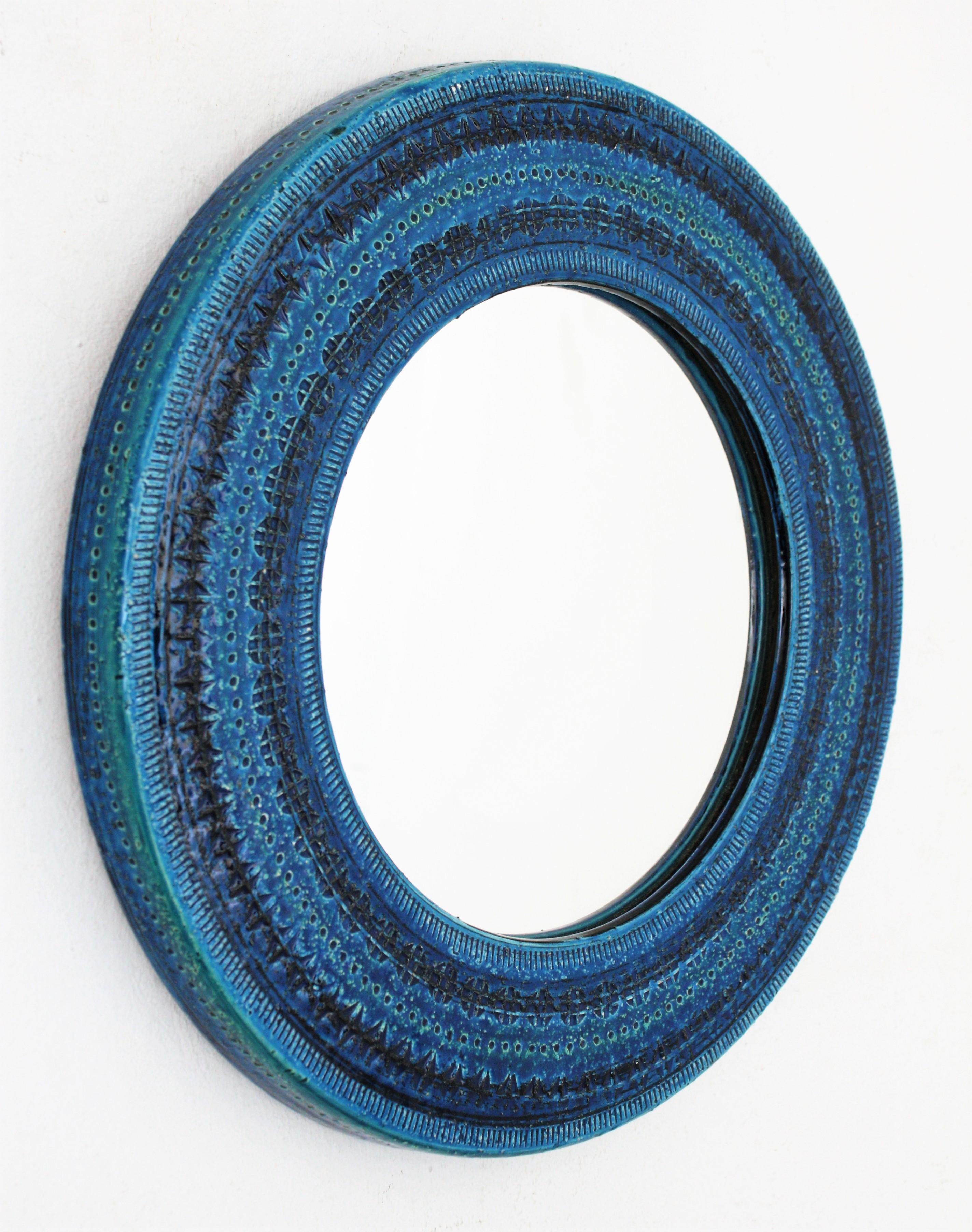 Mid-Century Modern Italian Midcentury Aldo Londi Bitossi Rimini Blue Glazed Ceramic Round Mirror 