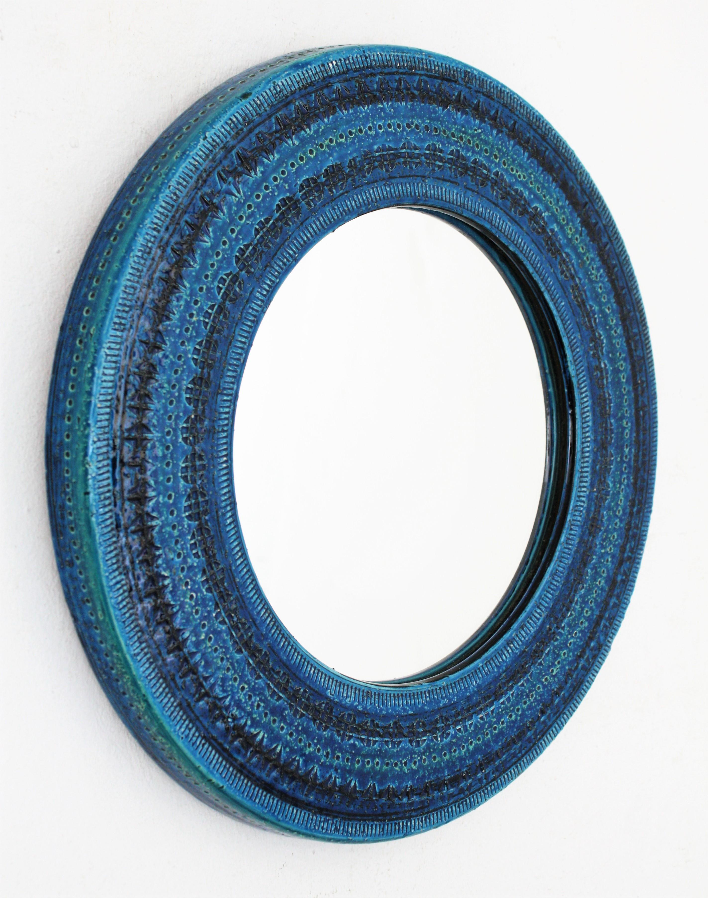 Mid-Century Modern Italian Midcentury Aldo Londi Bitossi Rimini Blue Glazed Ceramic Round Mirror