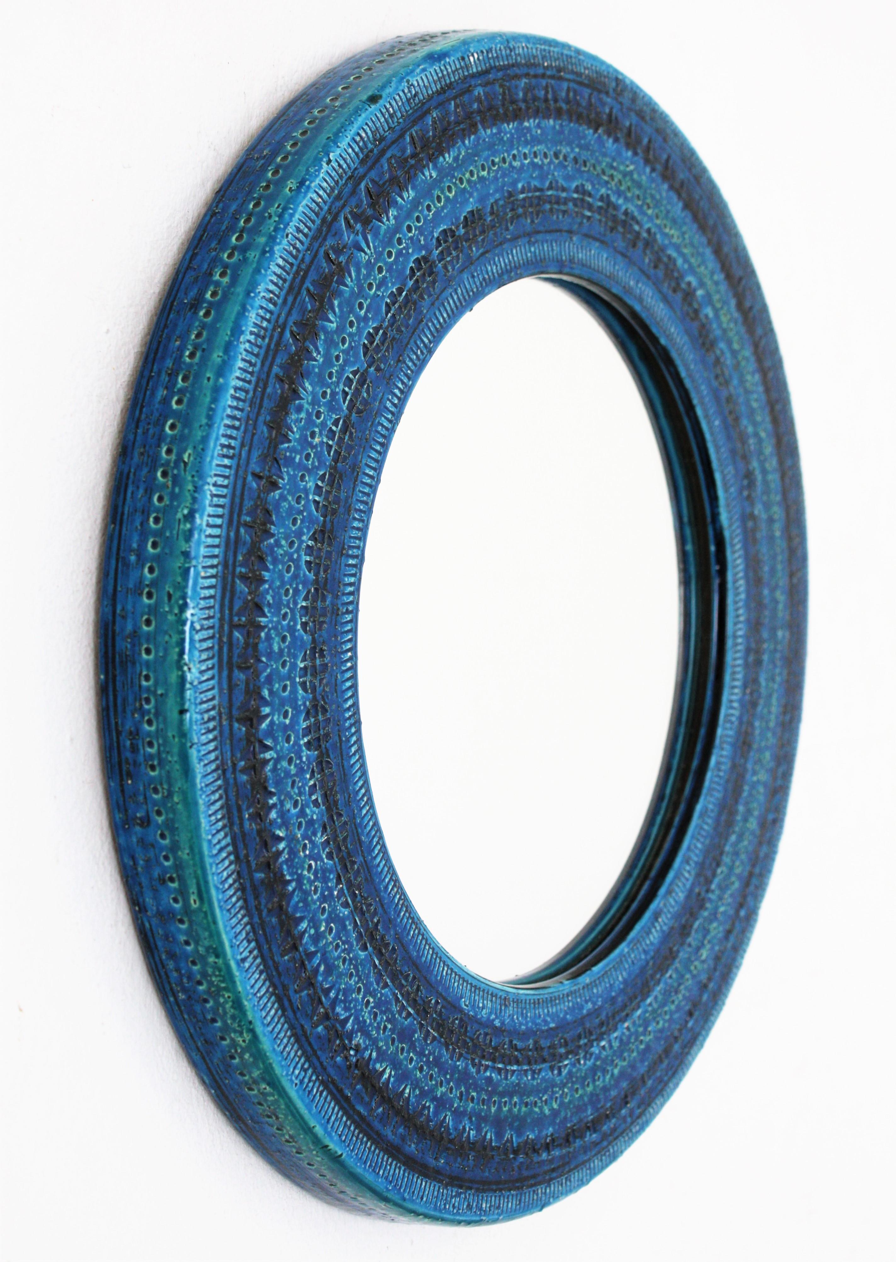 Italian Midcentury Aldo Londi Bitossi Rimini Blue Glazed Ceramic Round Mirror  In Excellent Condition In Barcelona, ES