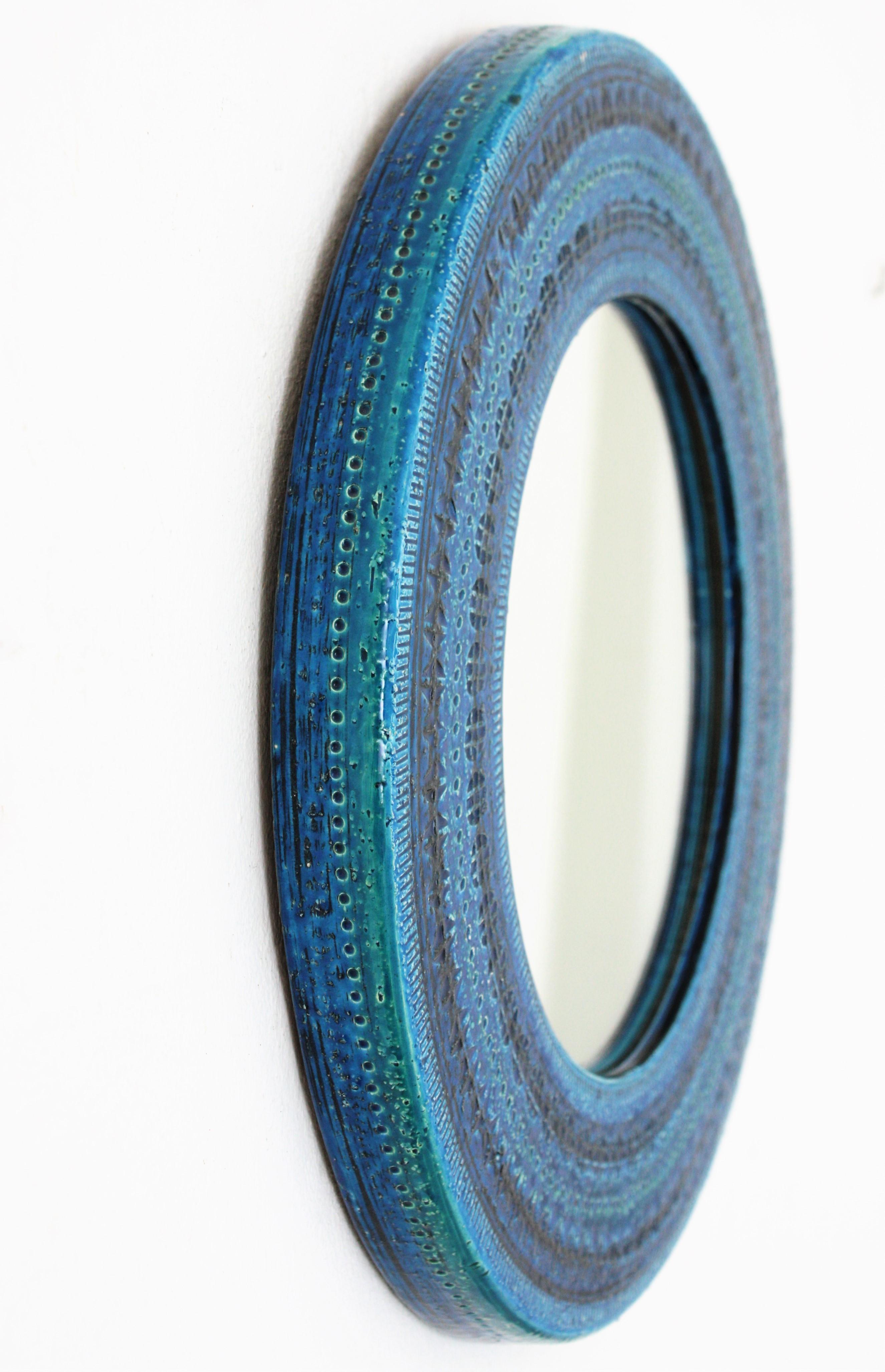 20th Century Italian Midcentury Aldo Londi Bitossi Rimini Blue Glazed Ceramic Round Mirror