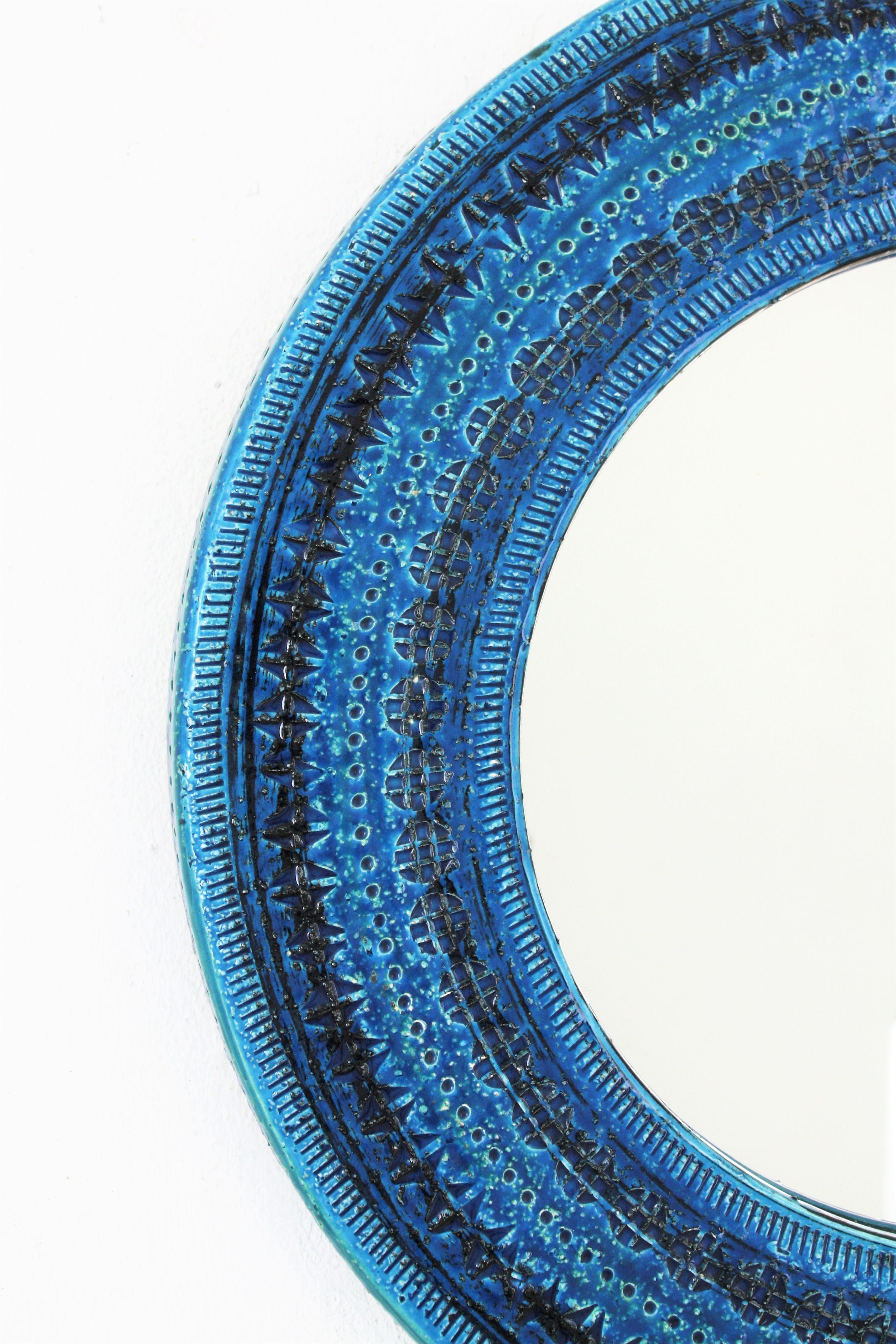 Pottery Italian Midcentury Aldo Londi Bitossi Rimini Blue Glazed Ceramic Round Mirror 