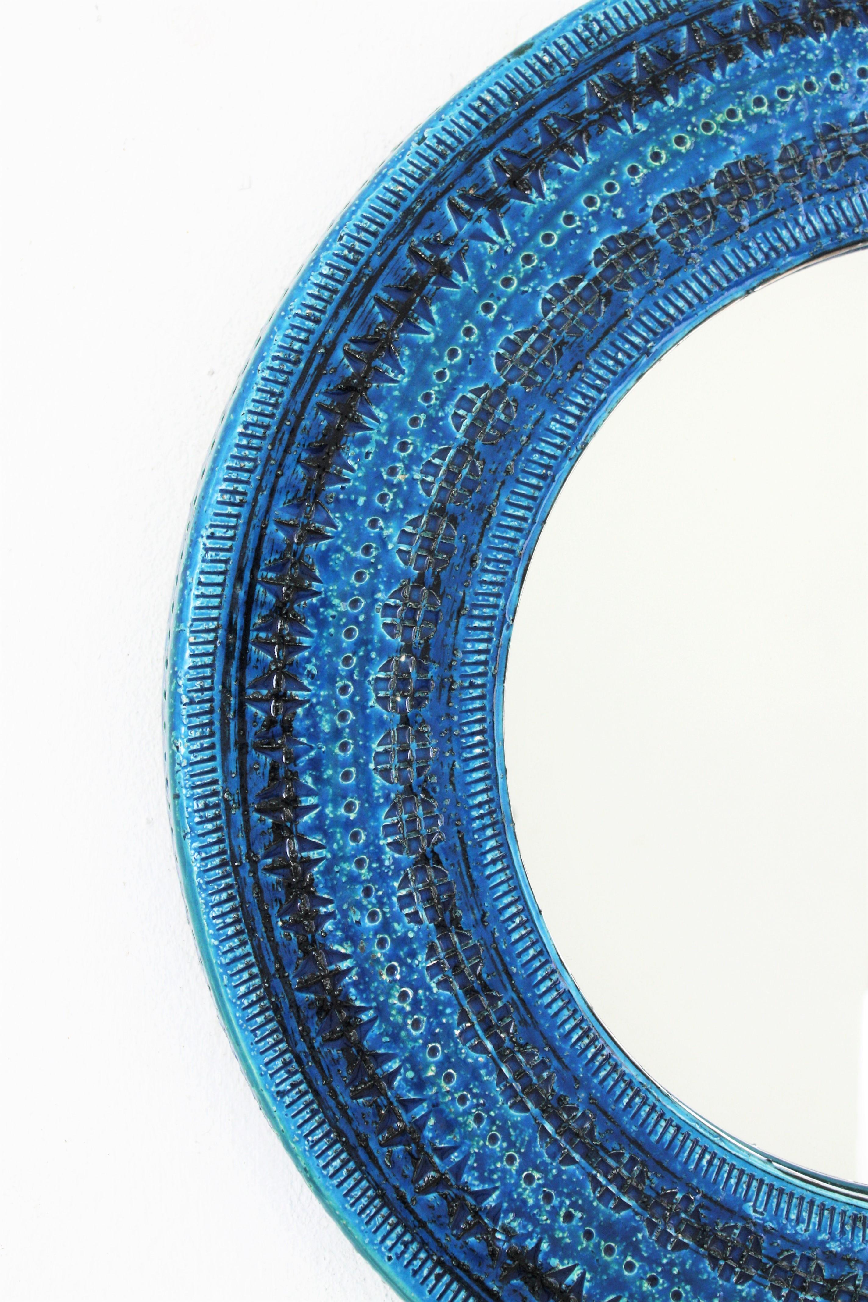 Pottery Italian Midcentury Aldo Londi Bitossi Rimini Blue Glazed Ceramic Round Mirror