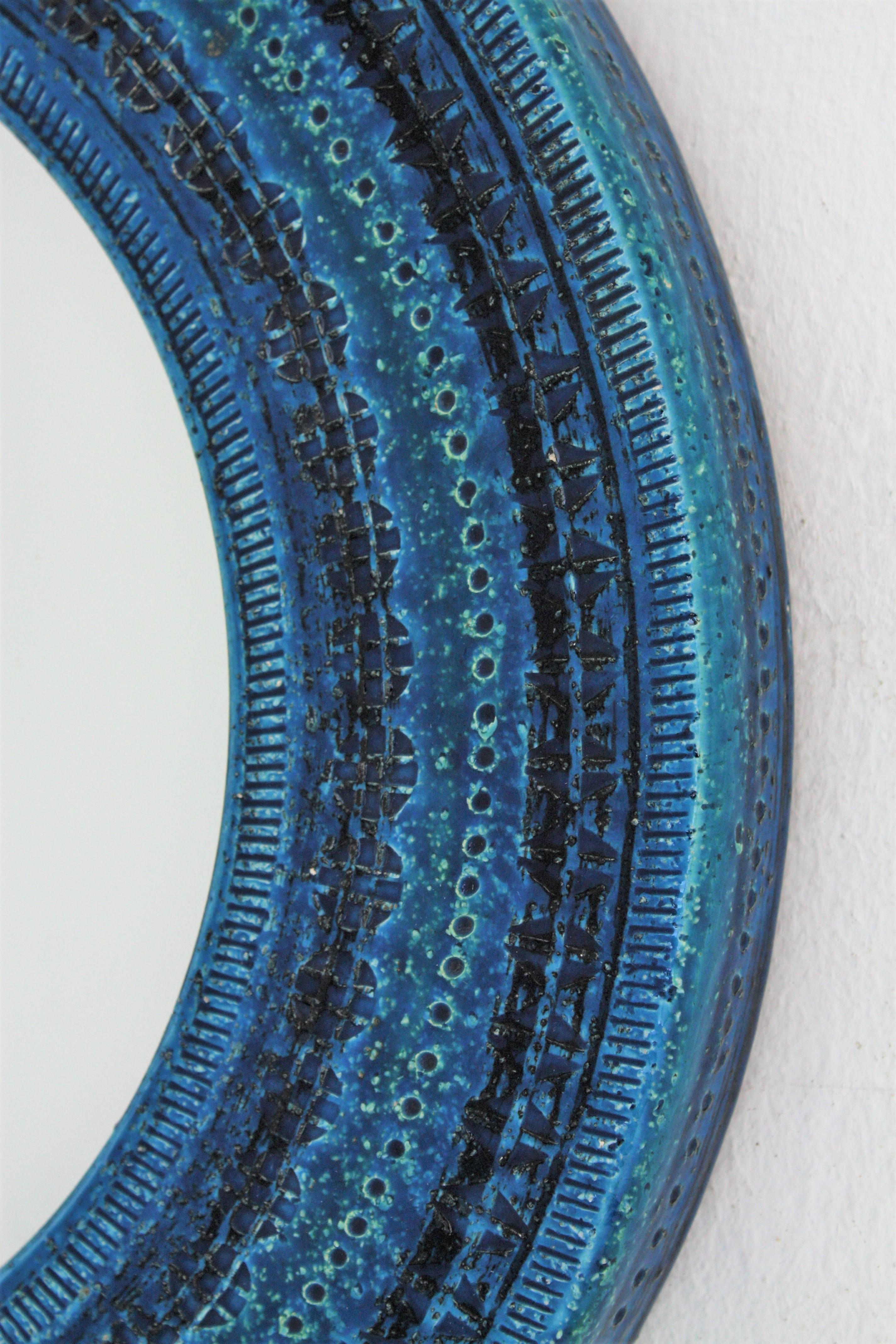 Italian Midcentury Aldo Londi Bitossi Rimini Blue Glazed Ceramic Round Mirror  2