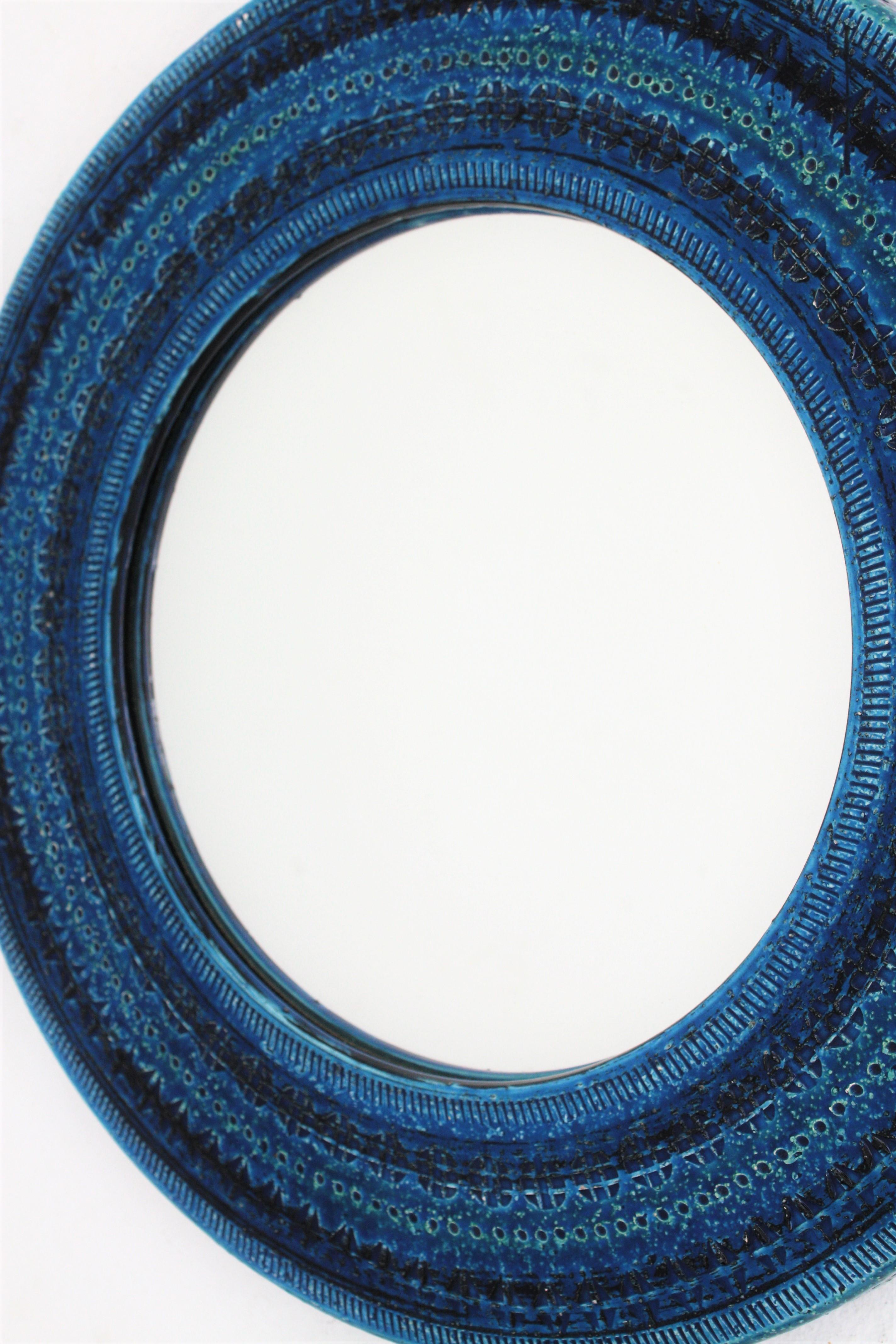 Italian Midcentury Aldo Londi Bitossi Rimini Blue Glazed Ceramic Round Mirror  3