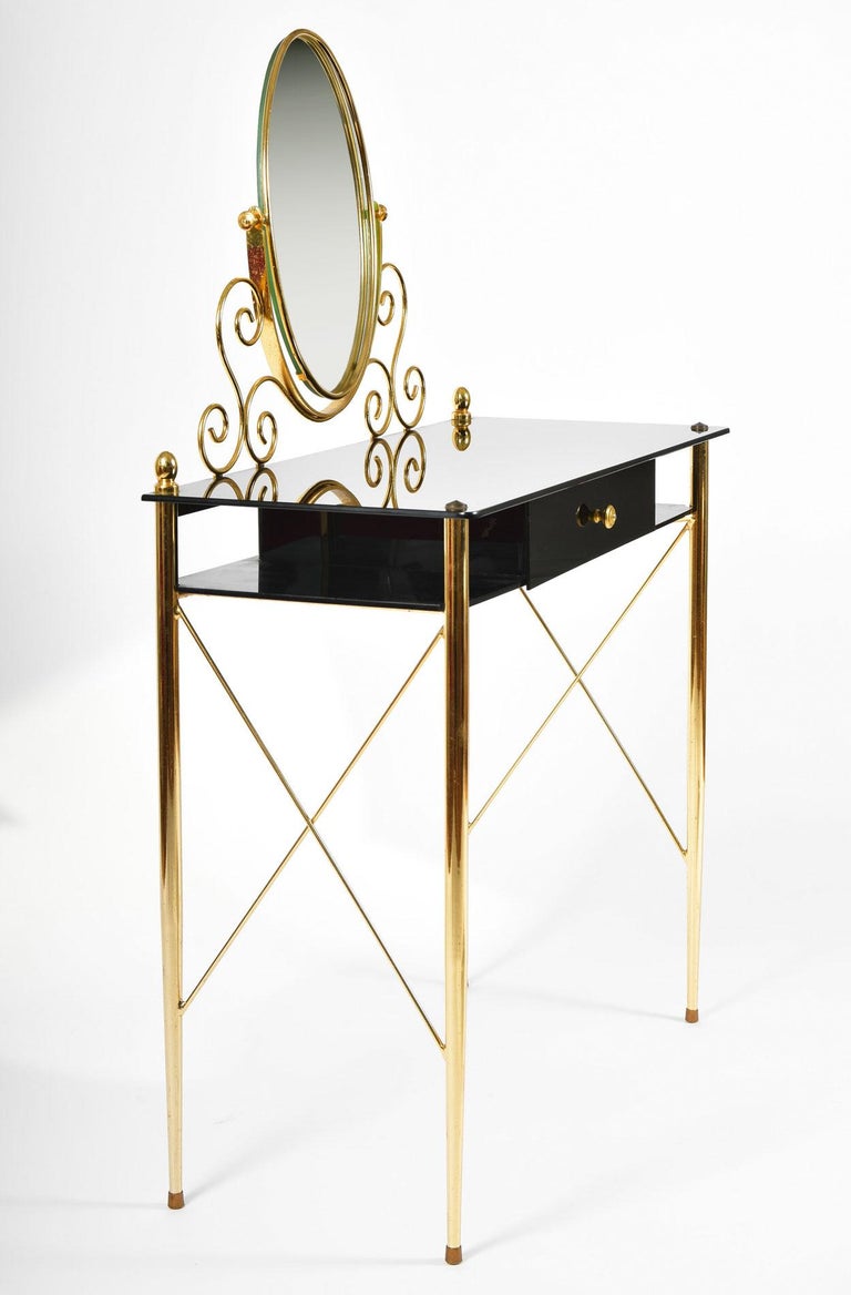 Italian 1960s Black Glass and Brass Vanity Table at 1stDibs