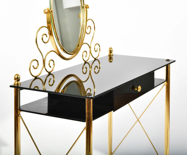 Italian 1960s Black Glass and Brass Vanity Table at 1stDibs