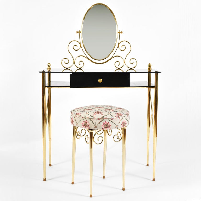 Italian 1960s Black Glass and Brass Vanity Table at 1stDibs