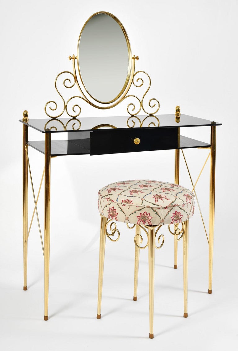 Italian 1960s Black Glass and Brass Vanity Table at 1stDibs
