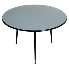 Italian 1960s blue gray round mirrored glass side table with metal tripod base