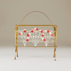 Italian 1960s brass magazine rack with handprinted enamel flowers