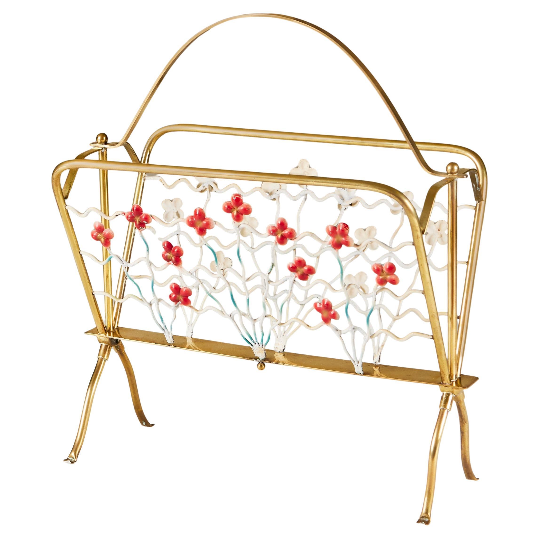 Italian 1960s brass magazine rack with flowers