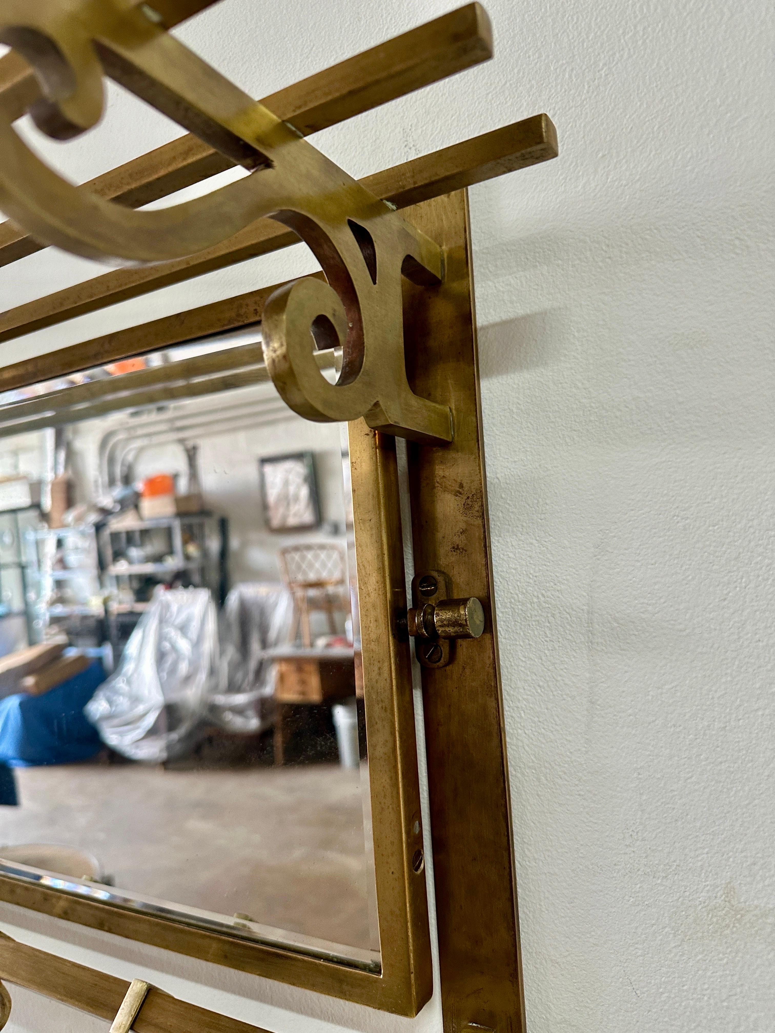 Italian 1960's Brass & Mirror Wall Mounted Hat/Coat Rack In Good Condition For Sale In East Hampton, NY