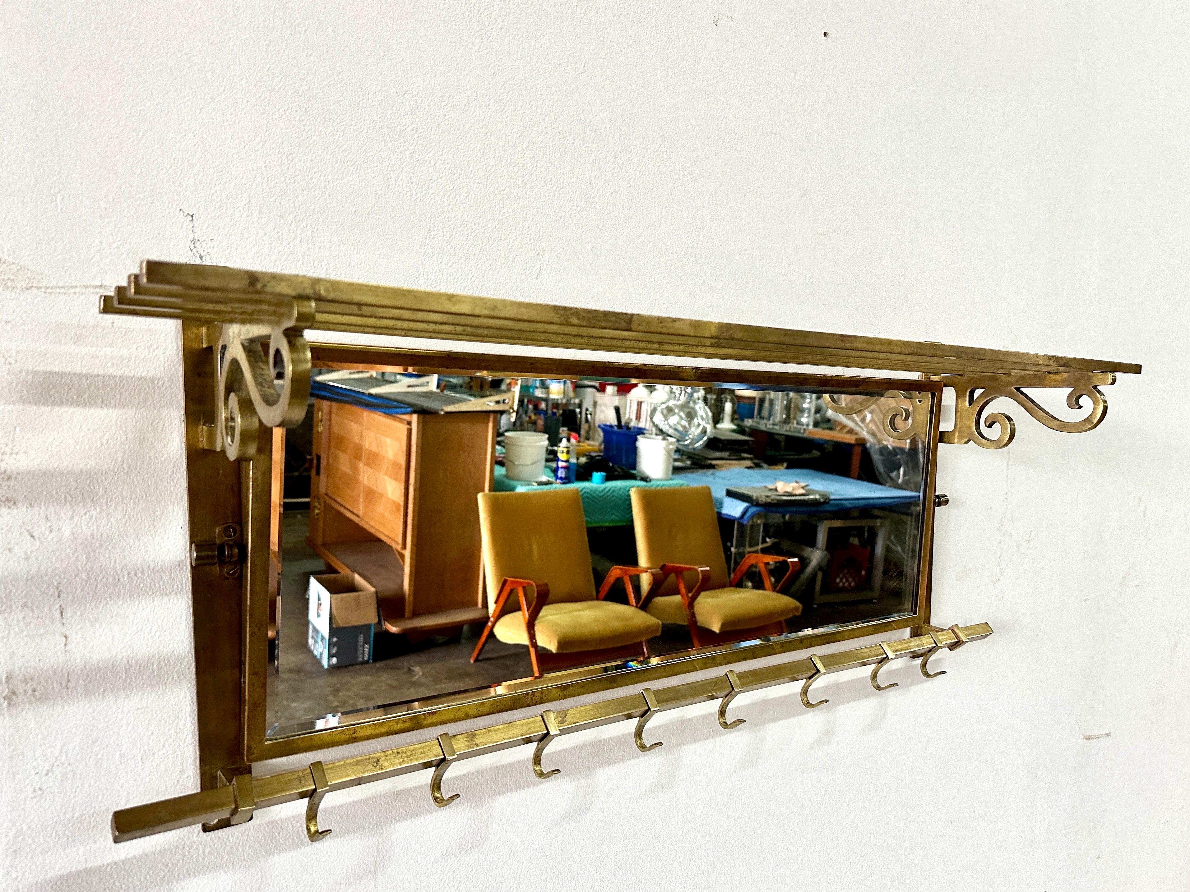 Italian 1960's Brass & Mirror Wall Mounted Hat/Coat Rack For Sale 1