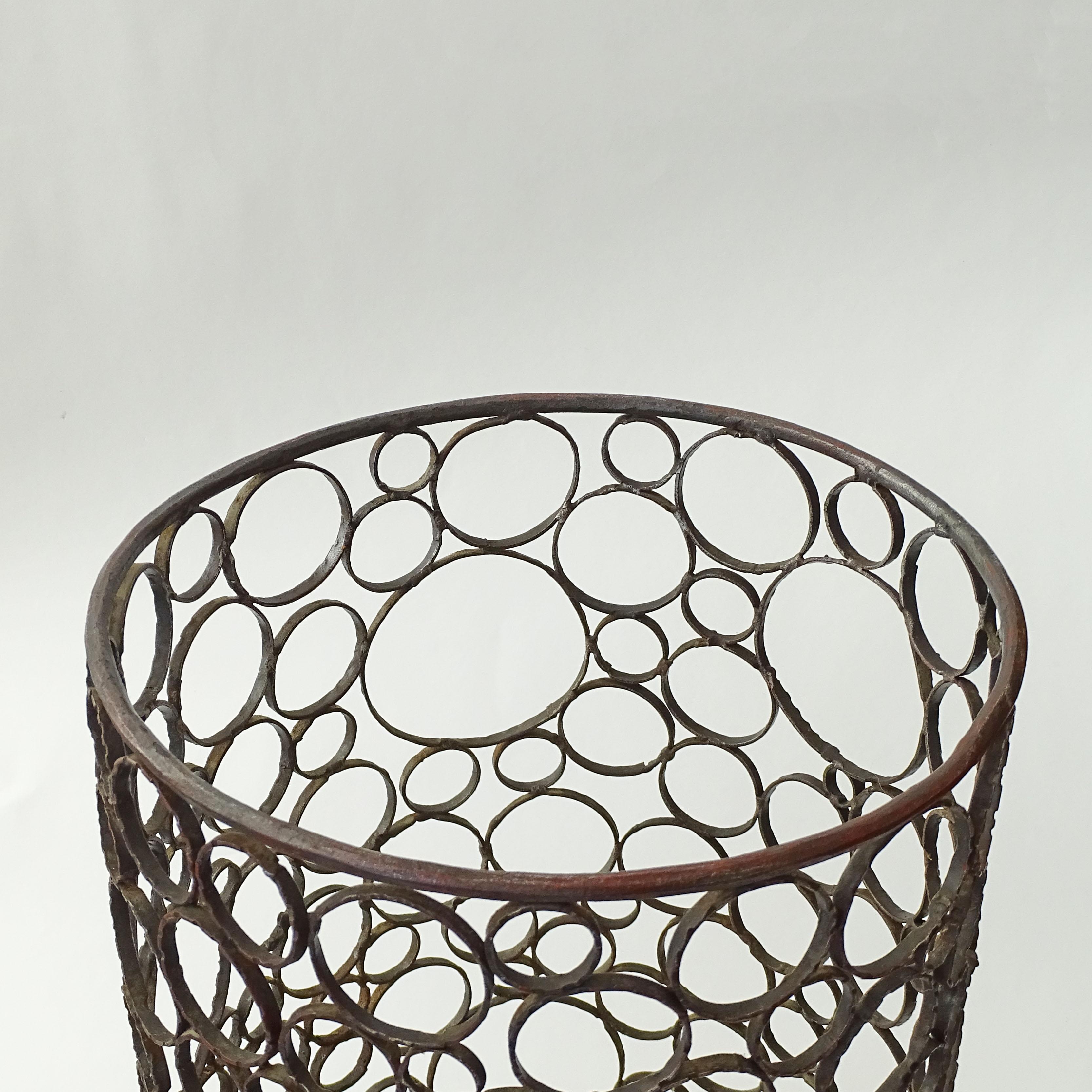 Mid-Century Modern Italian 1960s Brutalist Wrought Iron and Copper Umbrella Stand For Sale