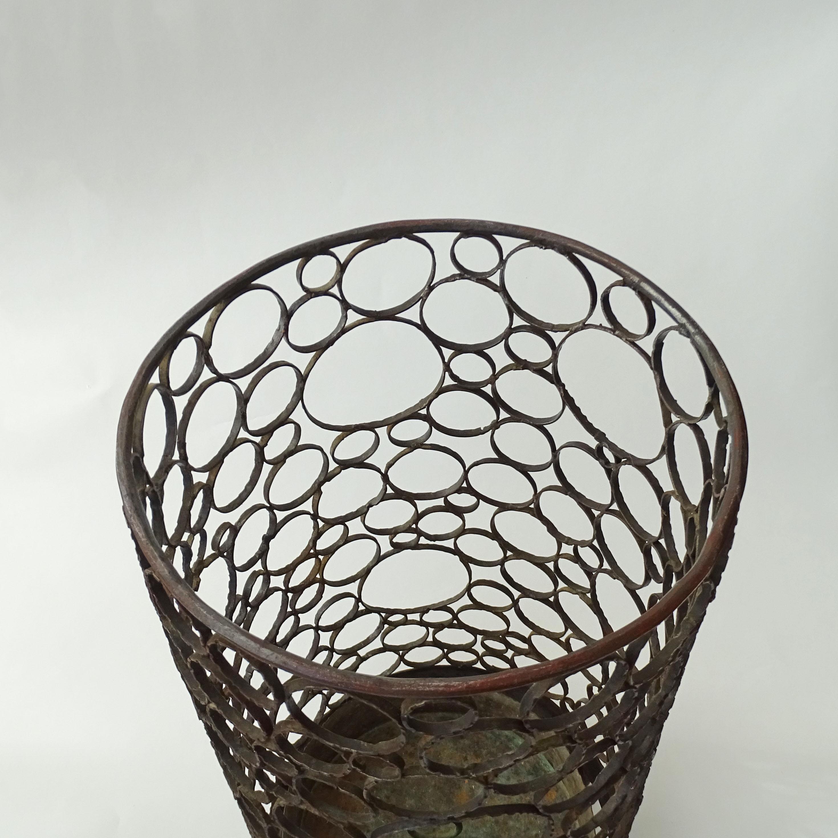 Italian 1960s Brutalist Wrought Iron and Copper Umbrella Stand For Sale 1