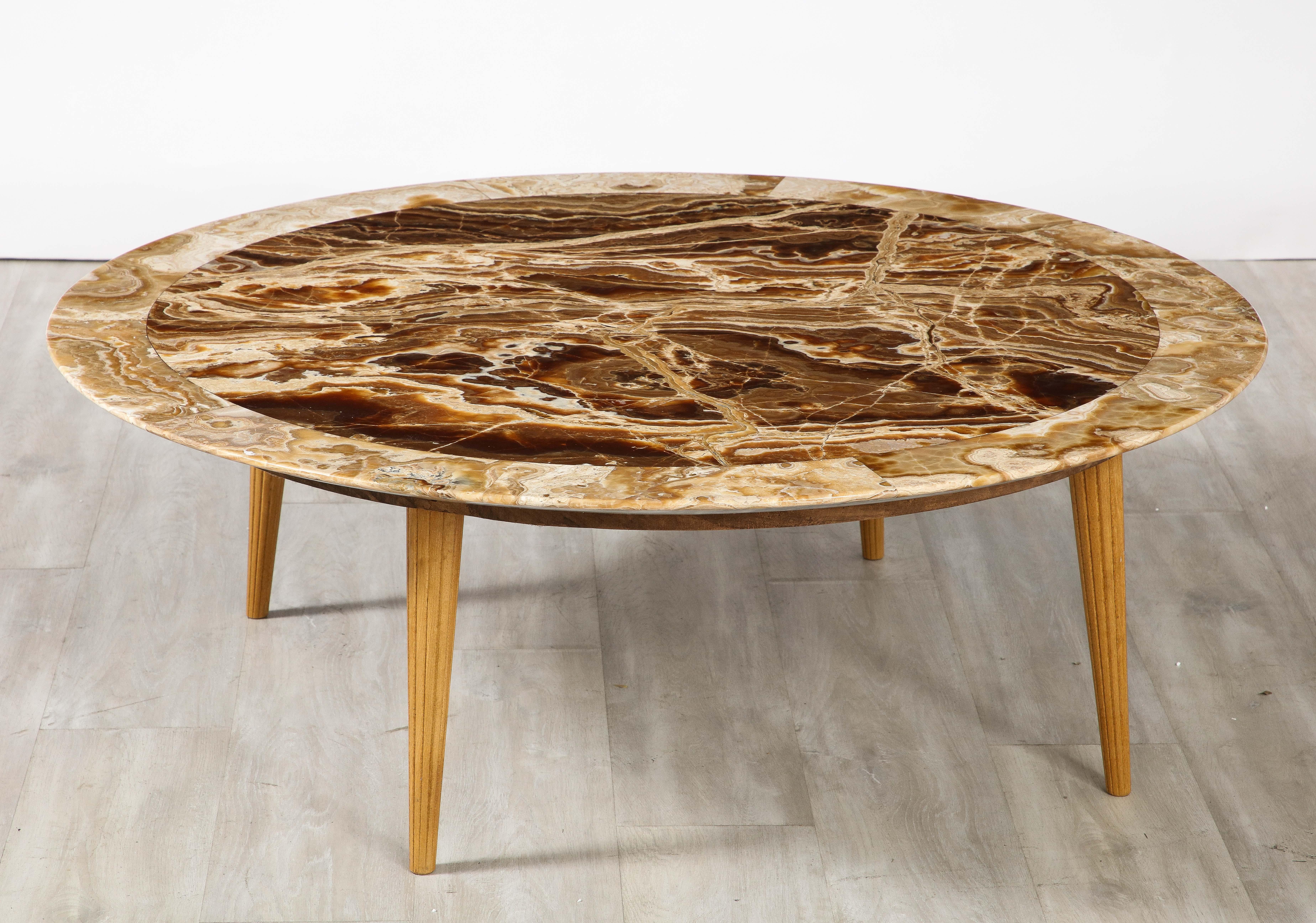 Italian 1960's Circular Coffee Table with Oak Fluted Base and Agate Top For Sale 5