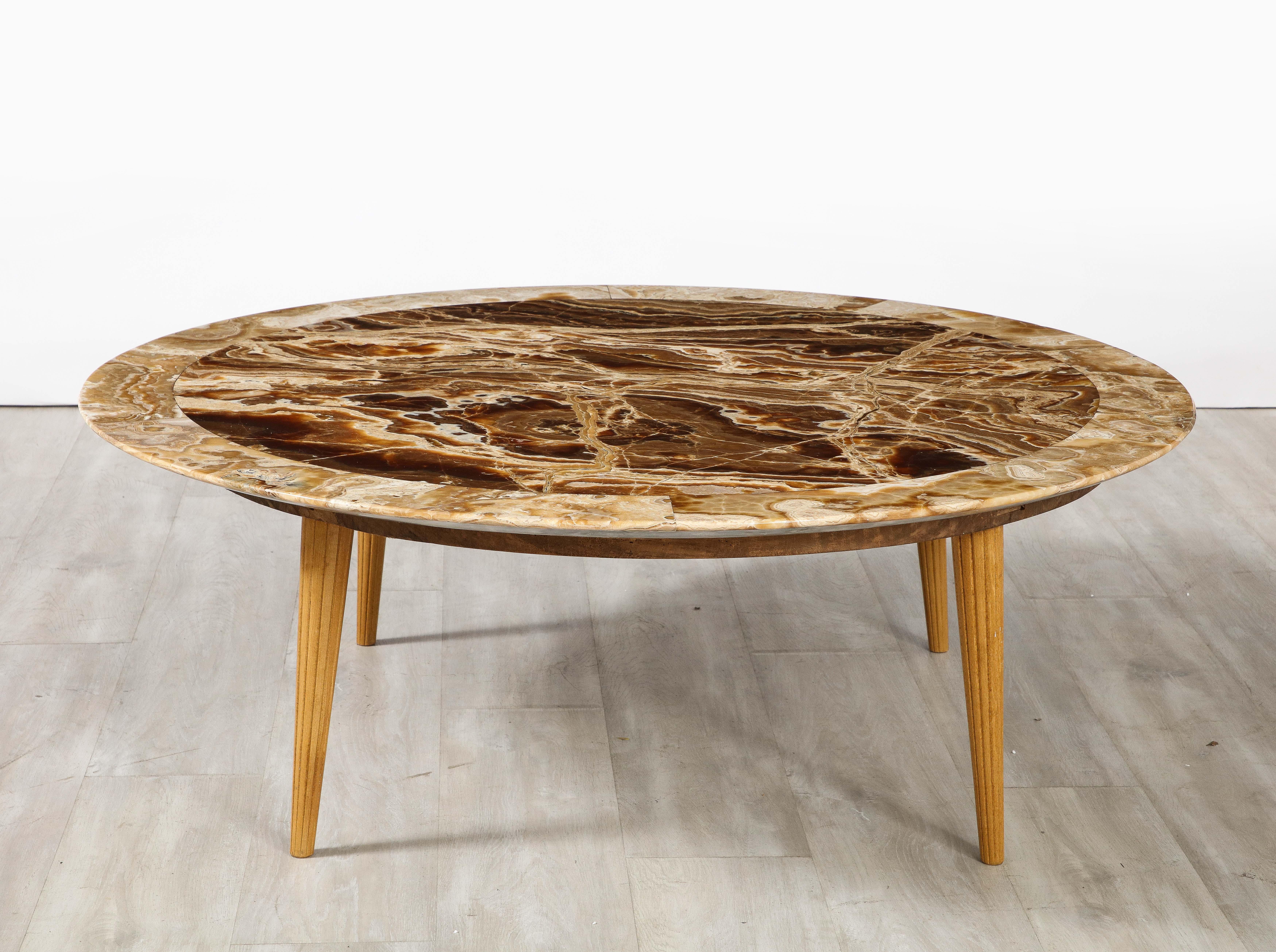 Italian 1960's Circular Coffee Table with Oak Fluted Base and Agate Top For Sale 8
