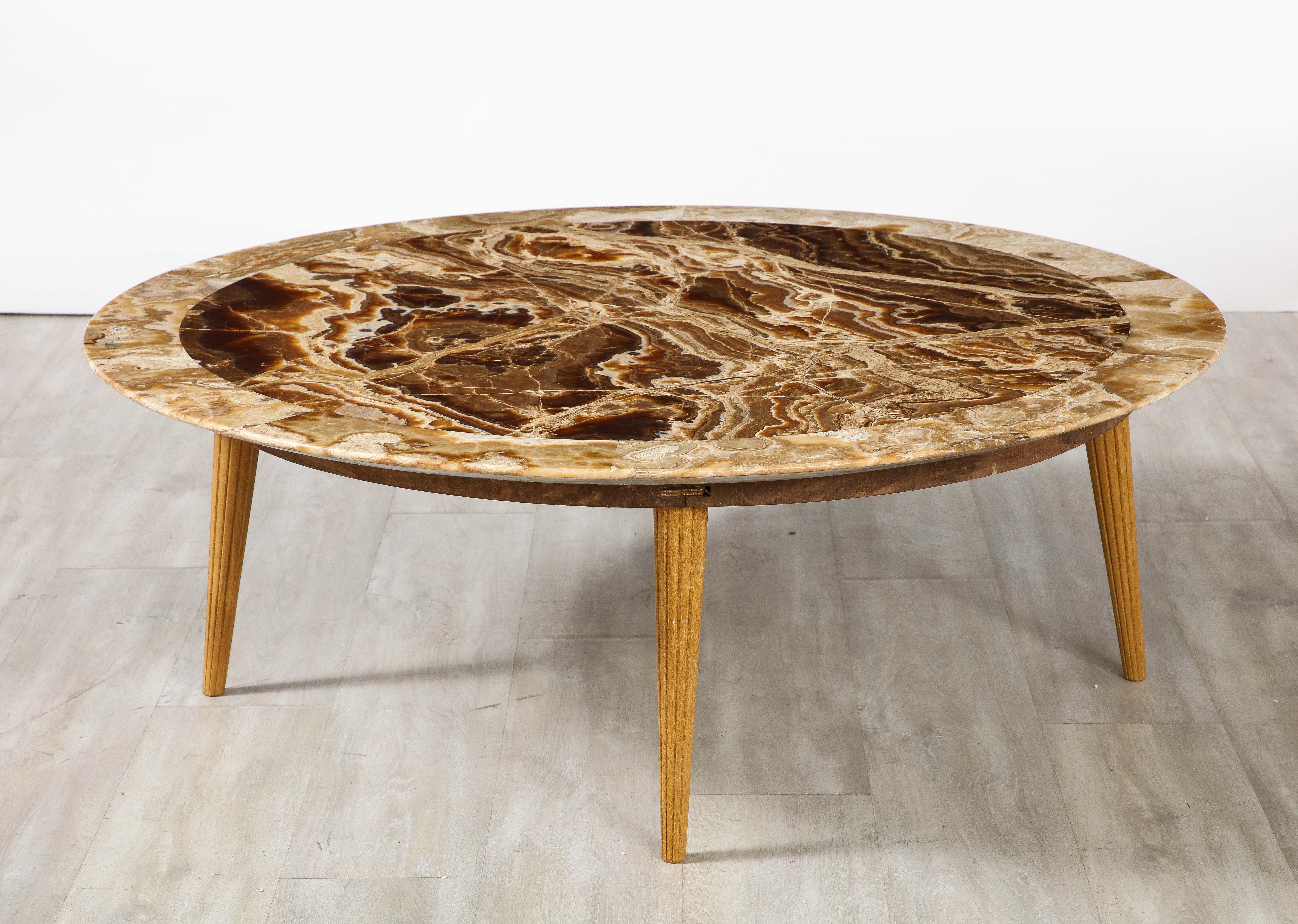 Italian 1960's Circular Coffee Table with Oak Fluted Base and Agate Top For Sale 9