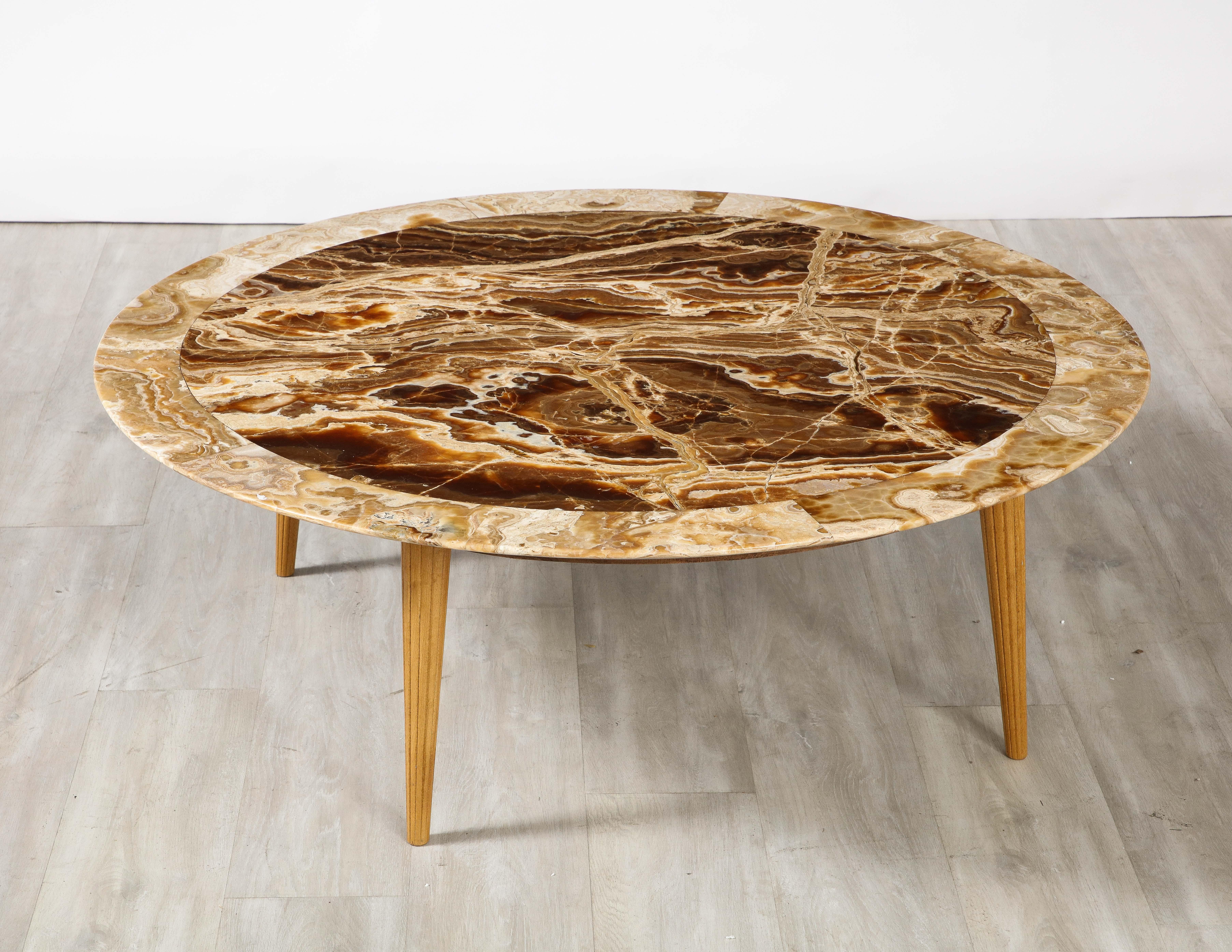 Italian 1960's Circular Coffee Table with Oak Fluted Base and Agate Top In Good Condition For Sale In New York, NY