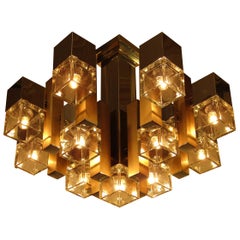 Italian 1960s Cubic Chandelier in Chrome, Brass and Glass by Gaetano Sciolari