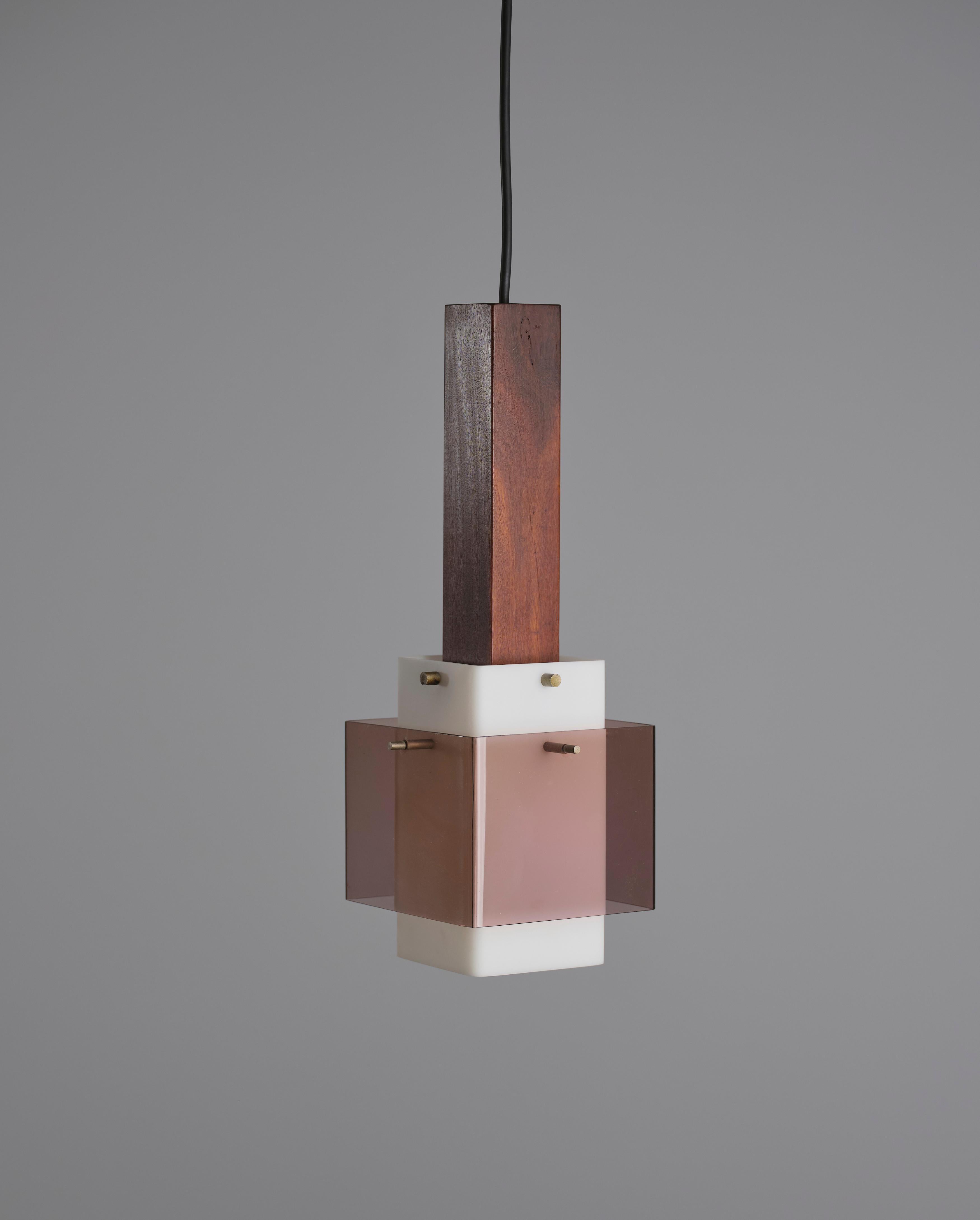 Mid-Century Modern Italian 1960s Dark Teak Pendant Lamp with Milk and Smoky Perspex Shades For Sale