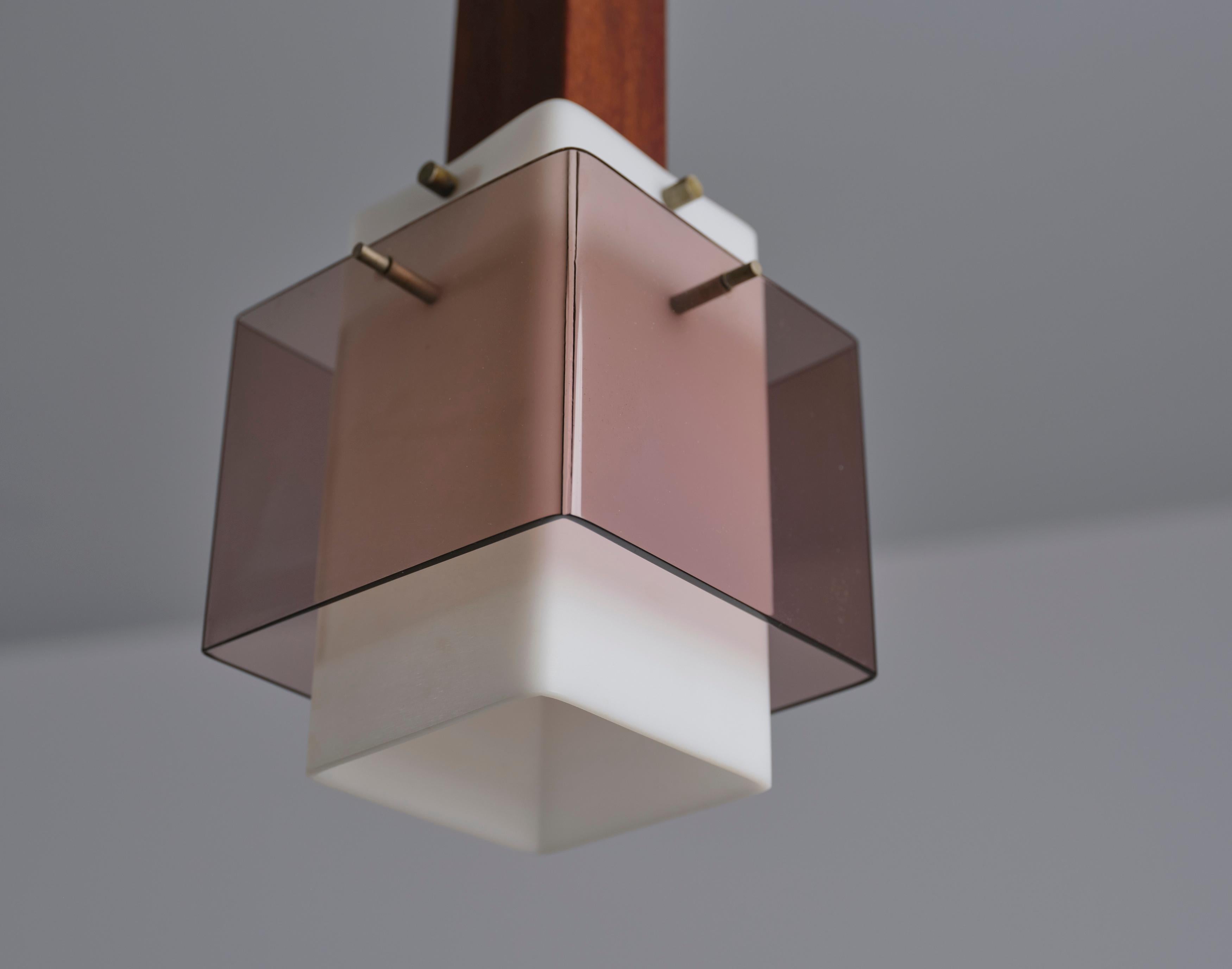 Italian 1960s Dark Teak Pendant Lamp with Milk and Smoky Perspex Shades In Good Condition For Sale In Rome, IT
