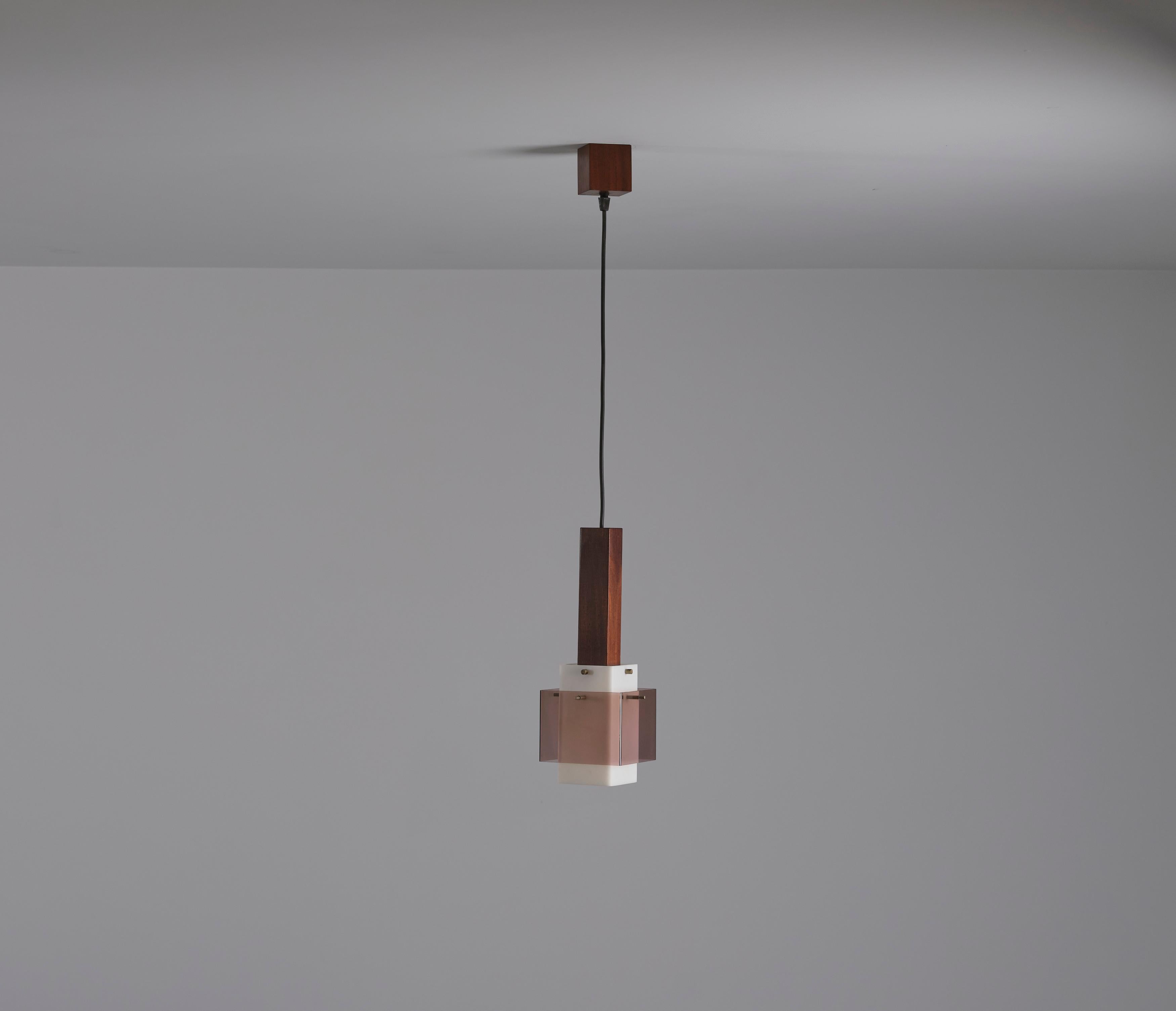 Mid-20th Century Italian 1960s Dark Teak Pendant Lamp with Milk and Smoky Perspex Shades For Sale