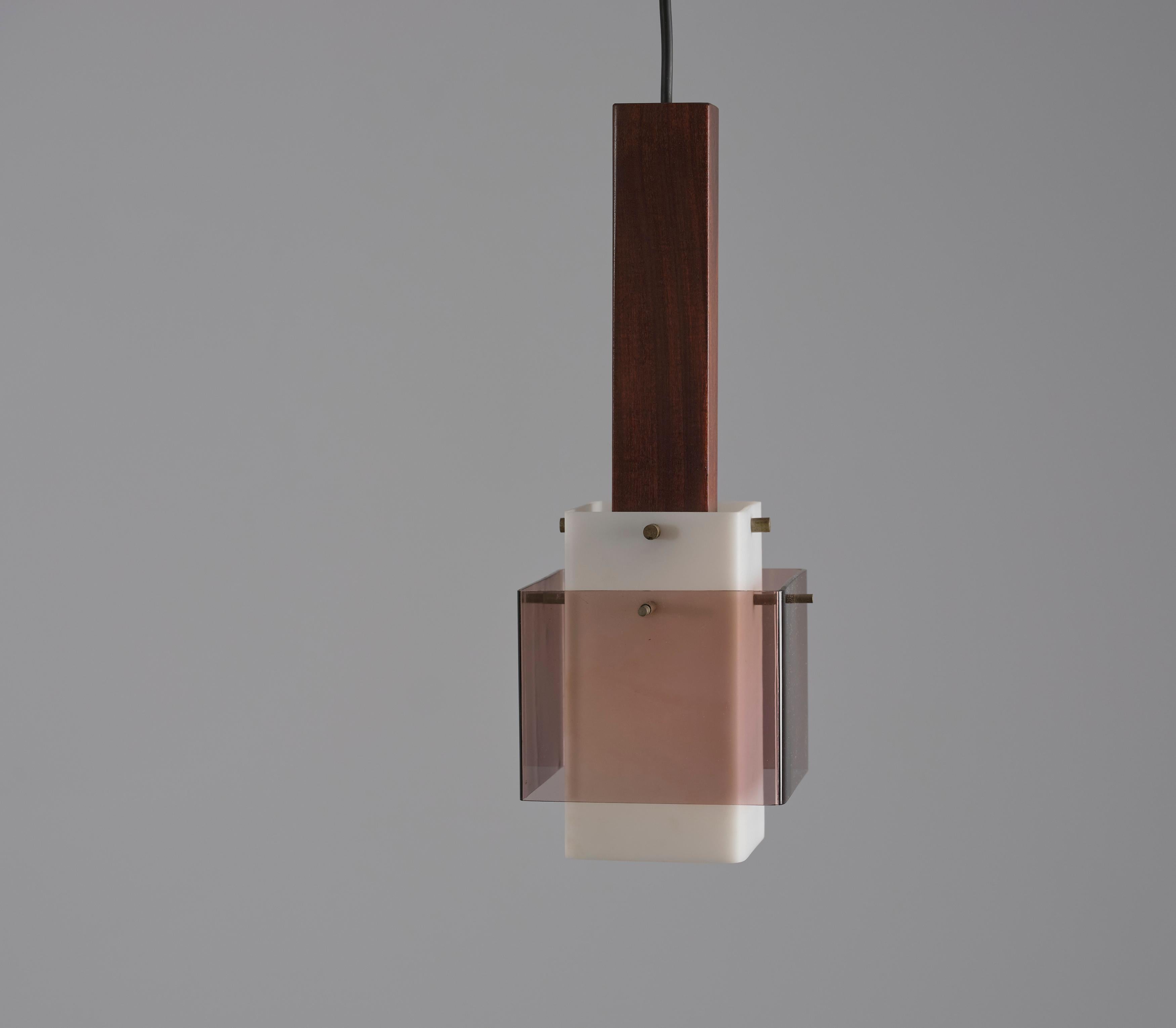 Plexiglass Italian 1960s Dark Teak Pendant Lamp with Milk and Smoky Perspex Shades For Sale