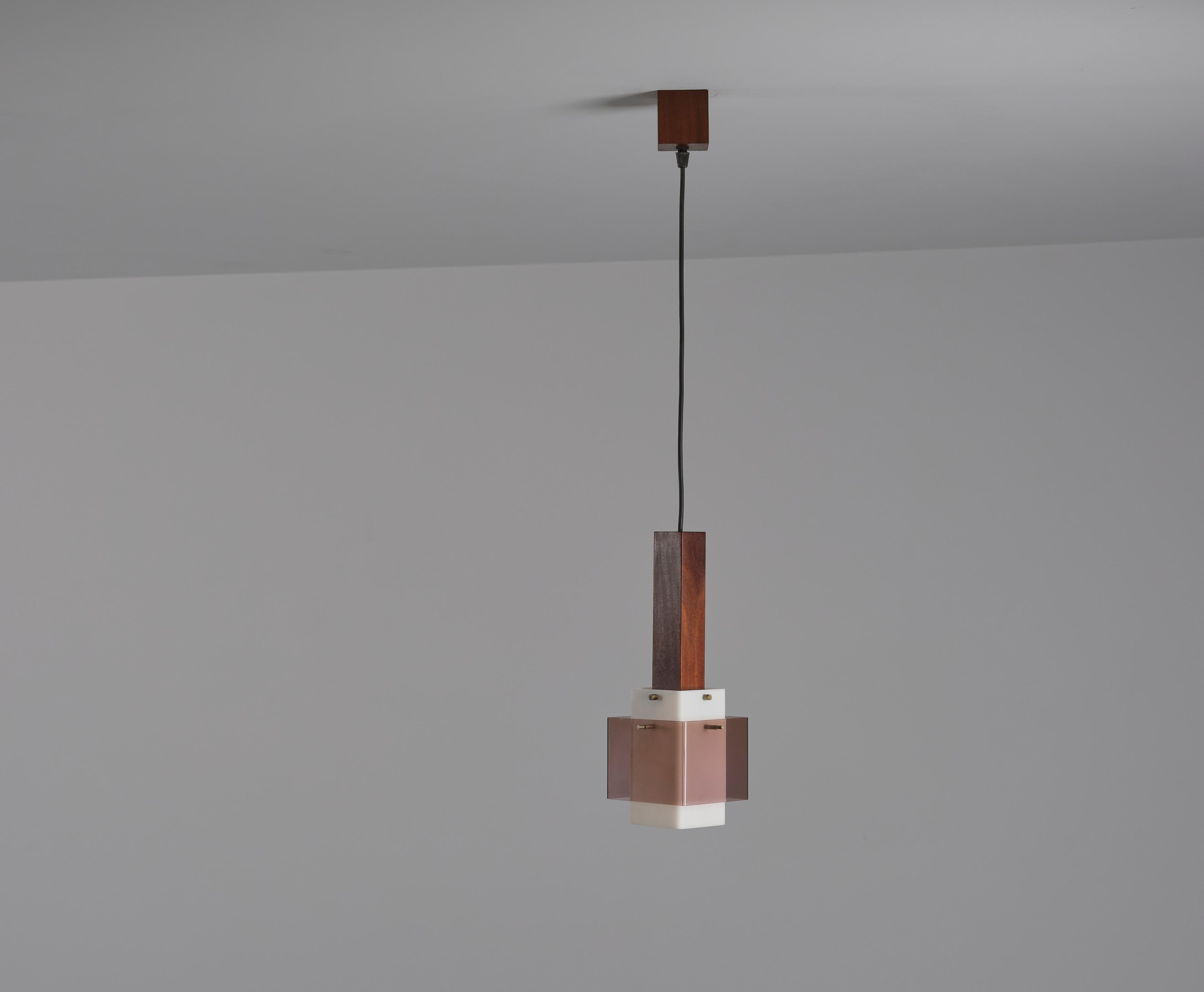 Italian 1960s Dark Teak Pendant Lamp with Milk and Smoky Perspex Shades For Sale 1