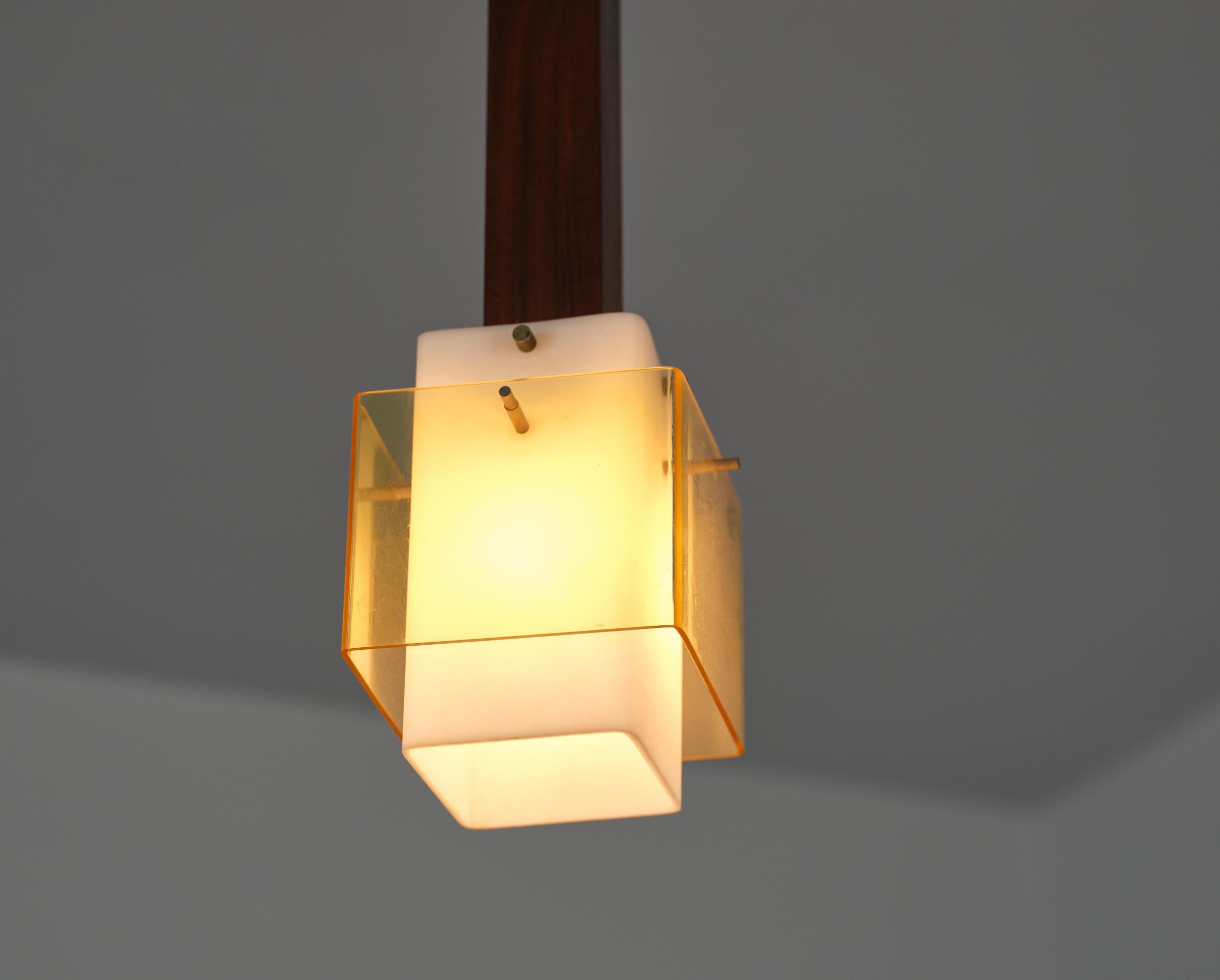 Mid-Century Modern Italian 1960s Dark Teak Pendant Lamp with Milk and Yellow Perspex Shades For Sale