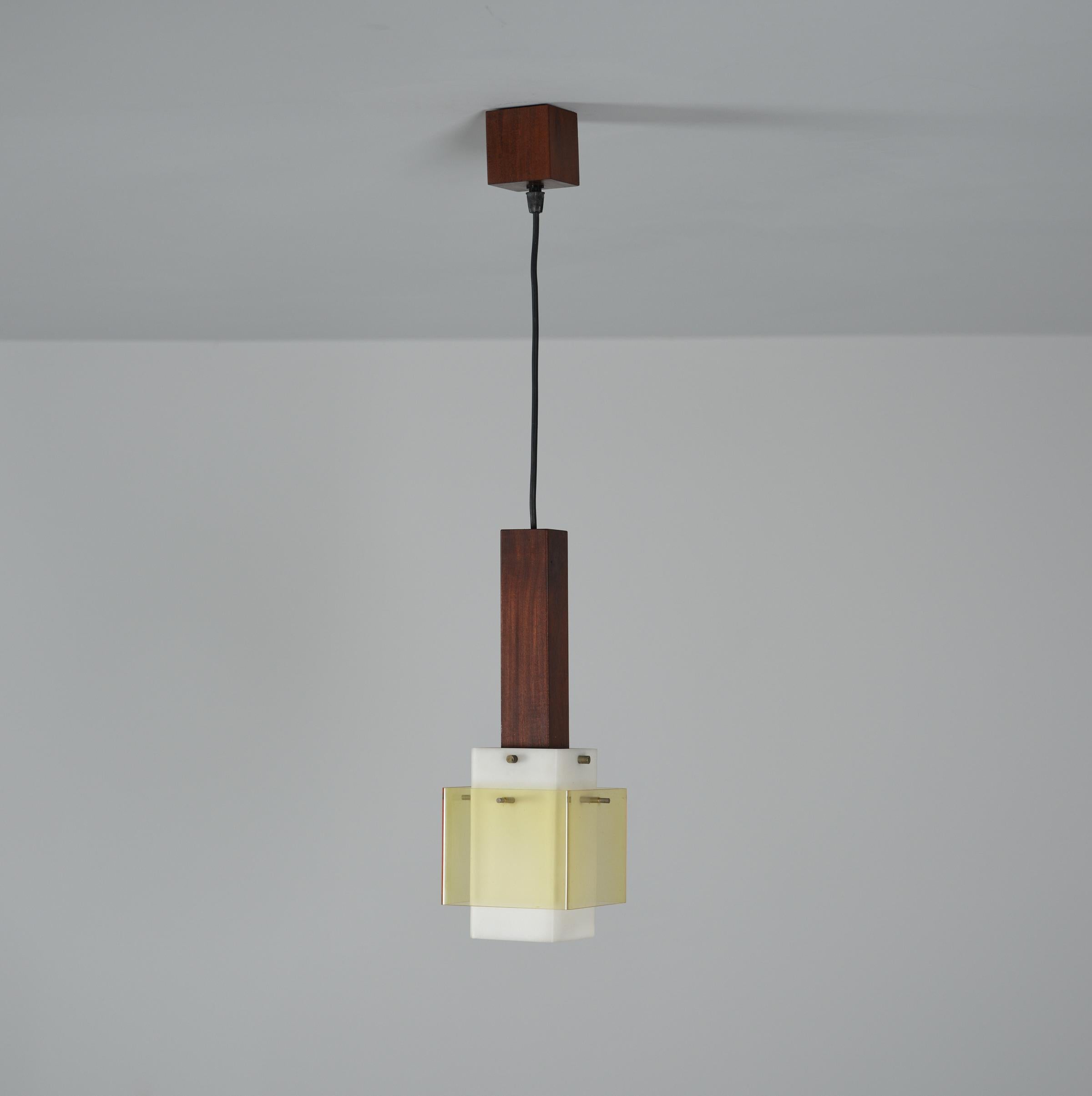 Mid-20th Century Italian 1960s Dark Teak Pendant Lamp with Milk and Yellow Perspex Shades For Sale