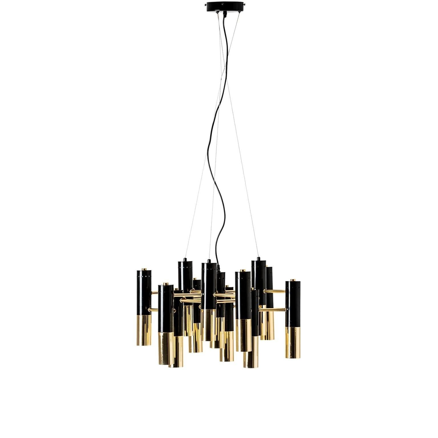 Mid-Century Modern Italian 1960s Design Style Black Lacqured and Gilded Metal Chandelier