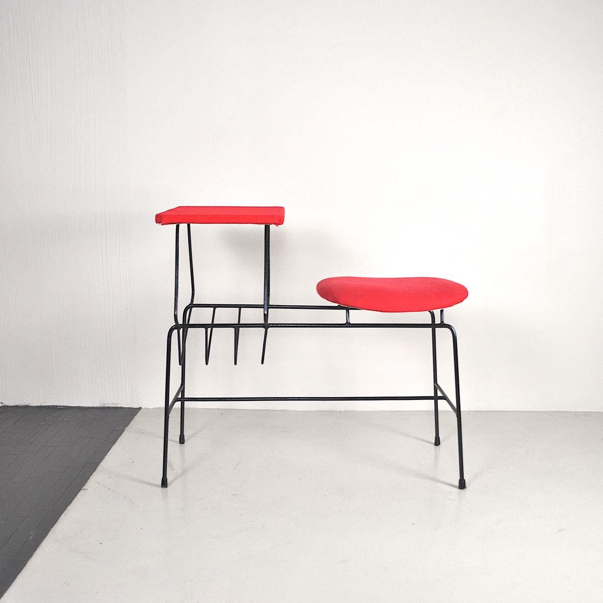 Mid-Century Modern Italian 1960s Desk Bench with Seat and Small Top in a Red Fabric For Sale