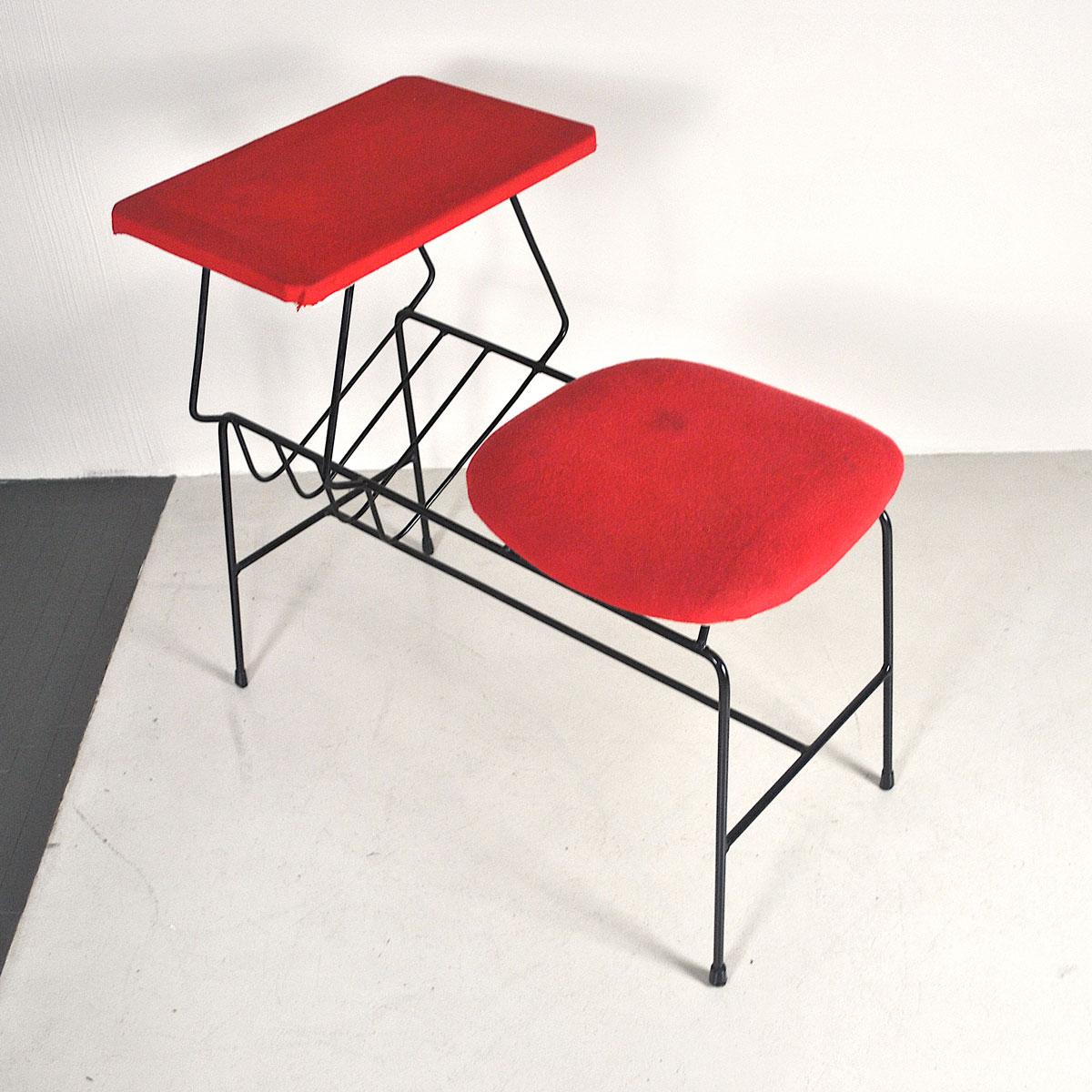 Mid-20th Century Italian 1960s Desk Bench with Seat and Small Top in a Red Fabric For Sale