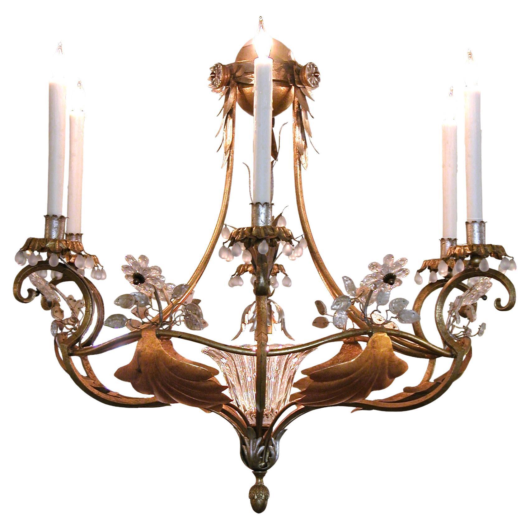 Italian 1960s Gilt-metal and Tole 7-light Chandelier with Crystal Flowers