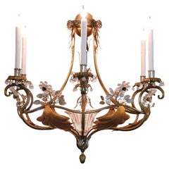 Italian 1960s Gilt-metal and Tole 7-light Chandelier with Crystal Flowers