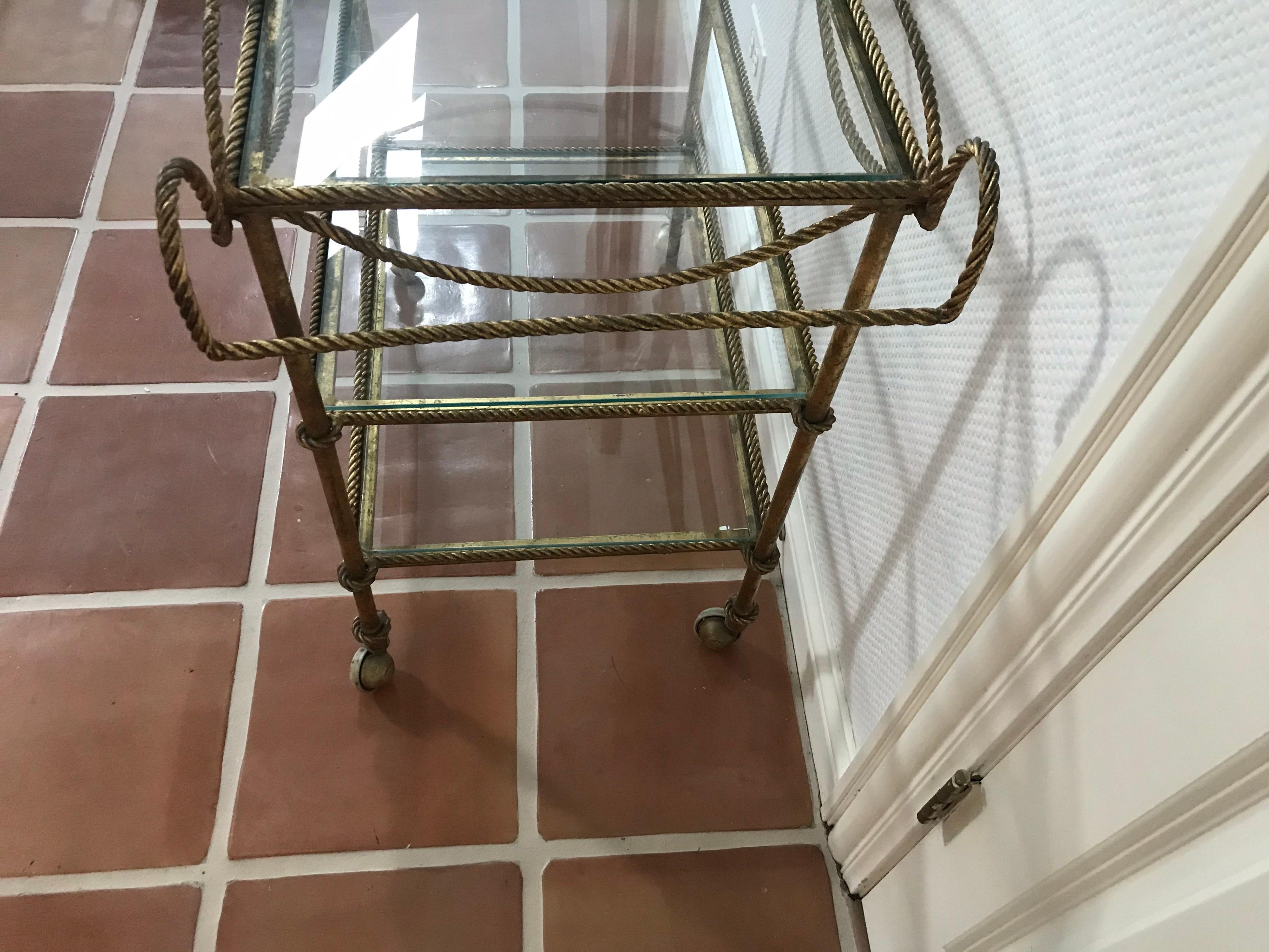 Italian 1960s Gilt Metal Rope and Tassel Bar Cart In Good Condition In Chicago, IL