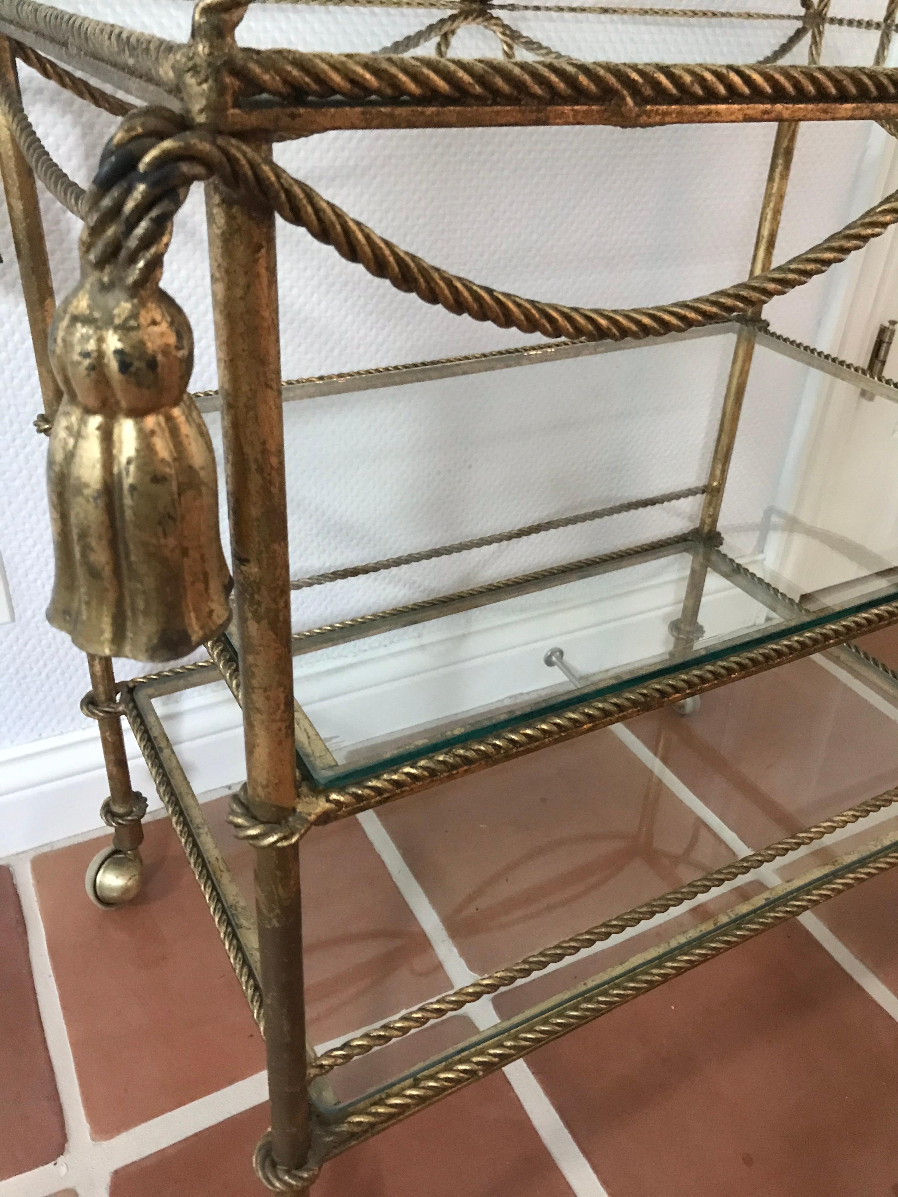 Mid-20th Century Italian 1960s Gilt Metal Rope and Tassel Bar Cart