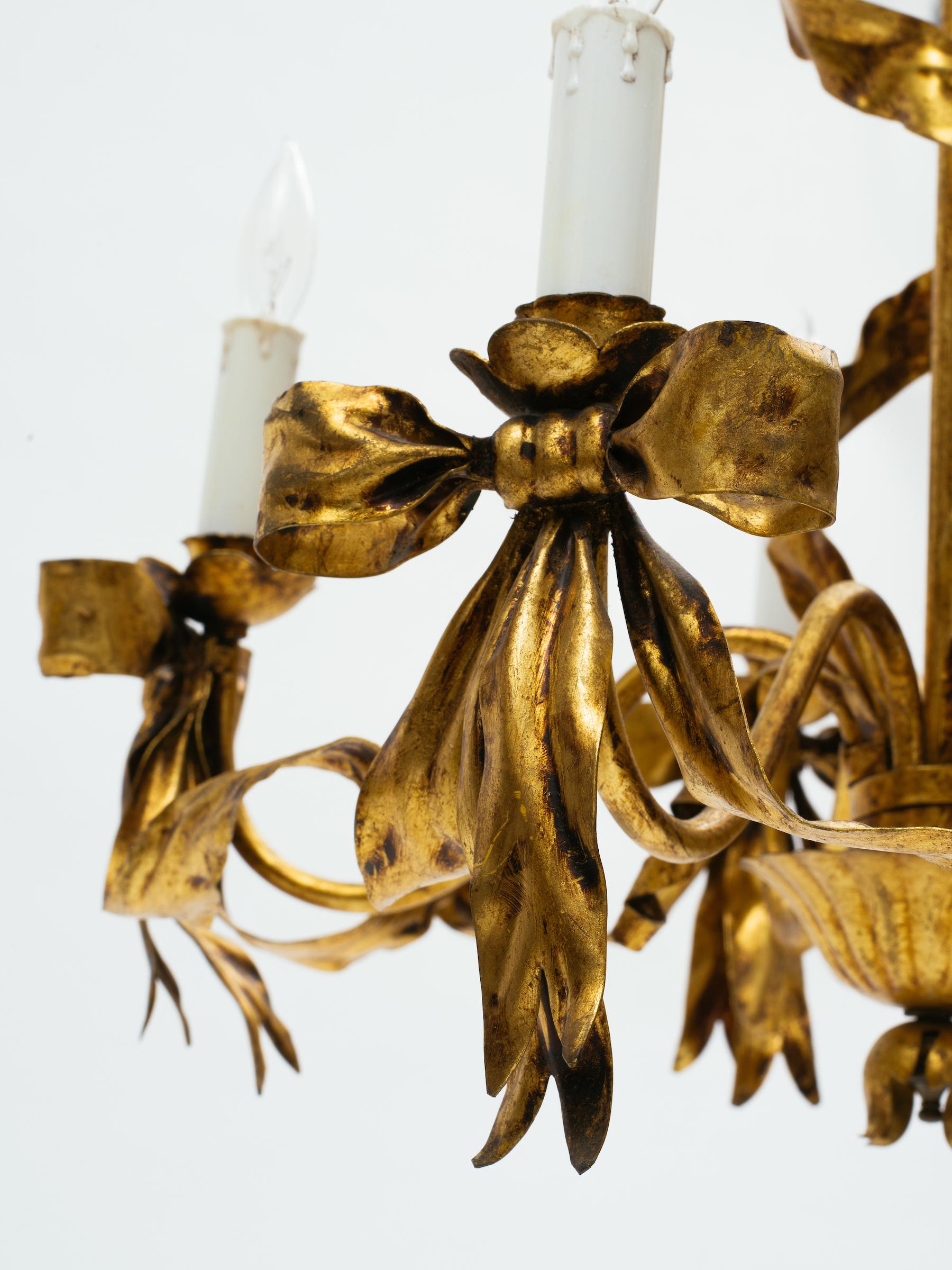 Italian 1960s Gilt Tole Ribbon Chandelier 2