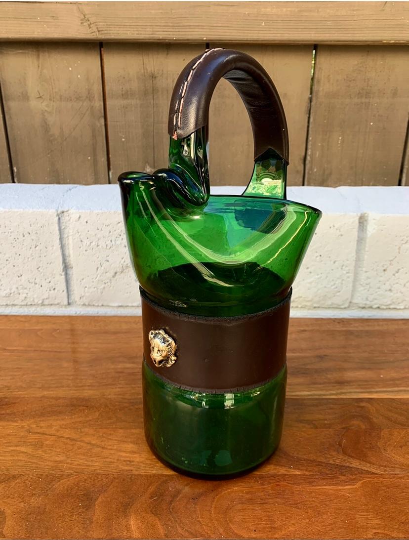 Italian 1960’s Glass Barware Pitcher with Leather Handle 6