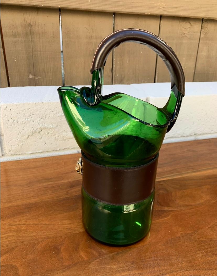 Hand-Crafted Italian 1960’s Glass Barware Pitcher with Leather Handle