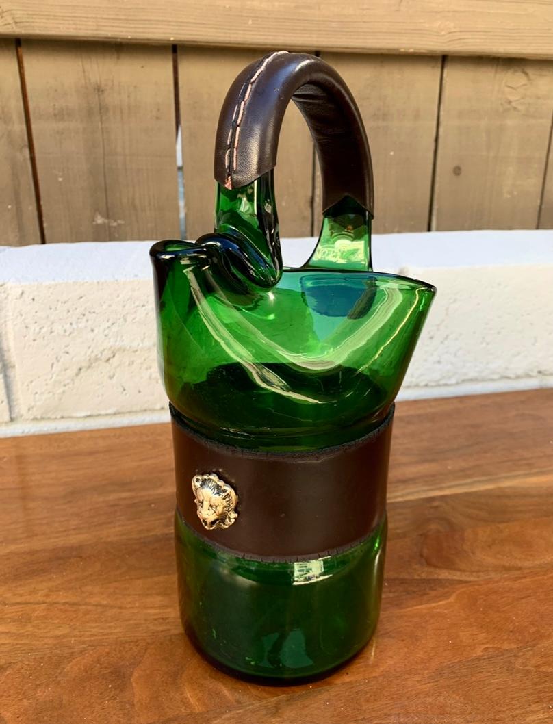 Italian 1960’s Glass Barware Pitcher with Leather Handle In Good Condition In Spring Valley, CA