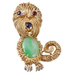 Italian 1960s Gold Jade Sapphire Ruby Diamond Dog Brooch