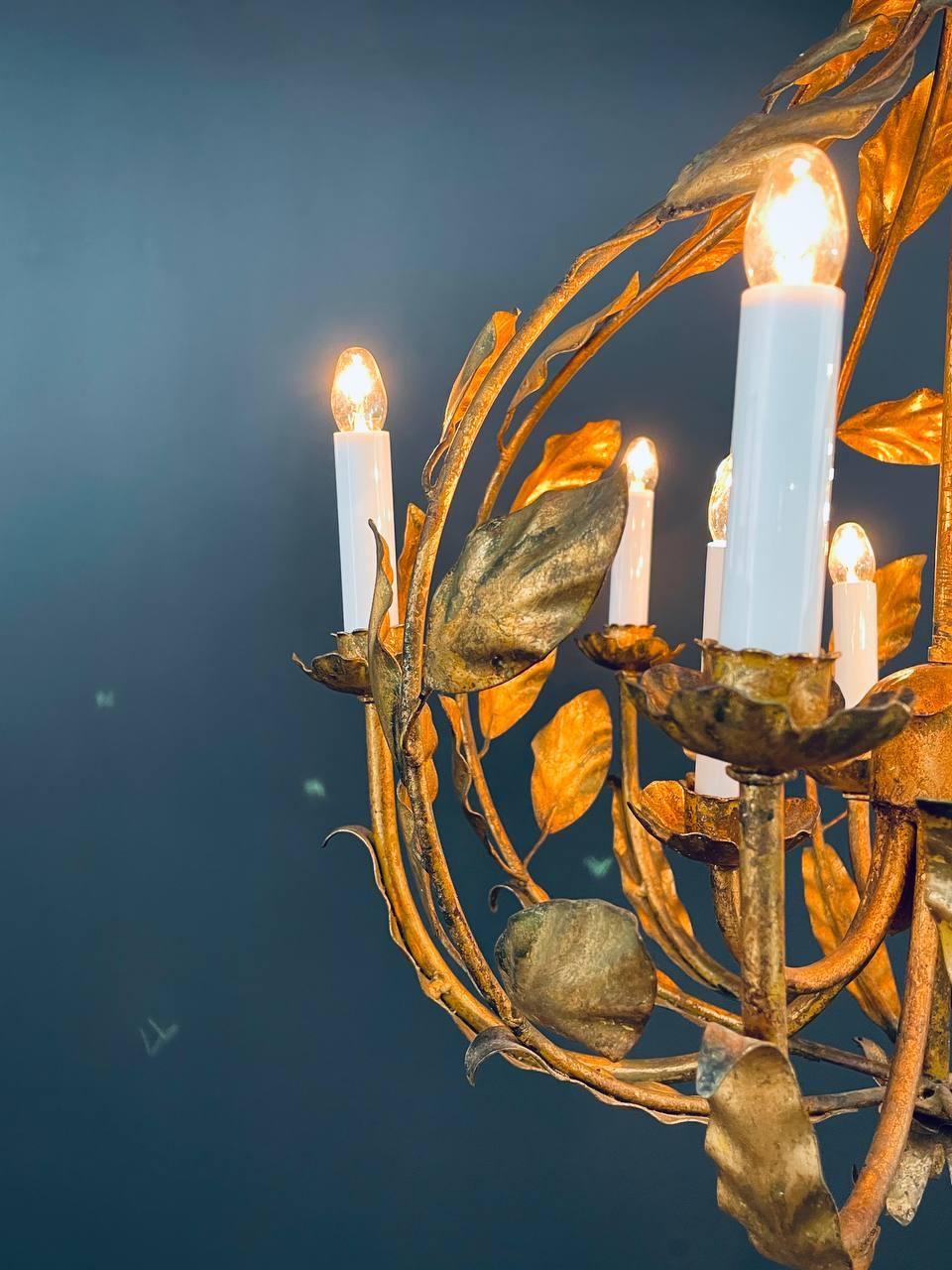 Mid-20th Century Italian 1960s Gold Leaf Chandelier Rustic Farmhouse