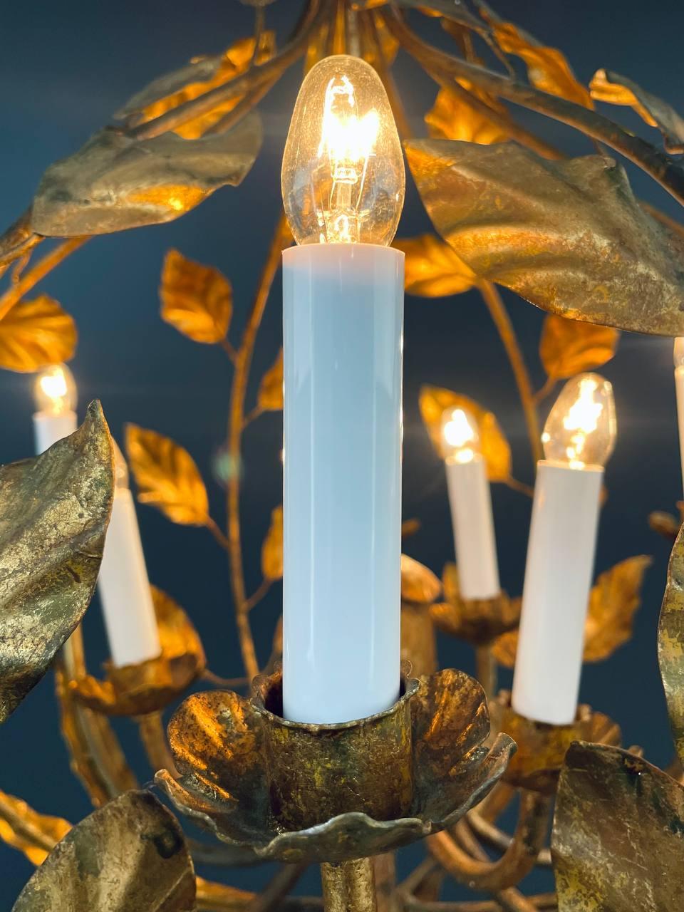 Metal Italian 1960s Gold Leaf Chandelier Rustic Farmhouse