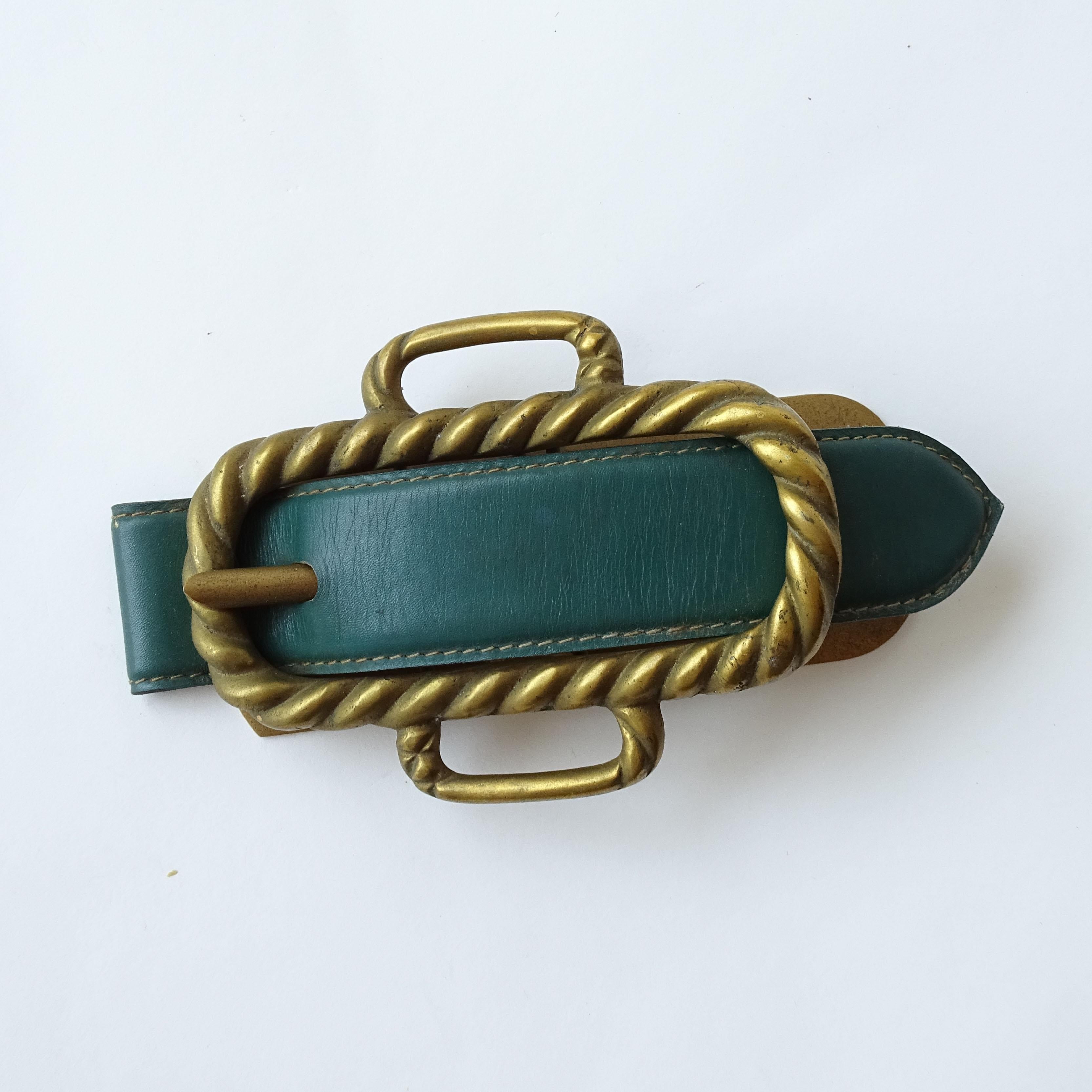 Italian 1960s Green Leather and Brass Paper Clip For Sale