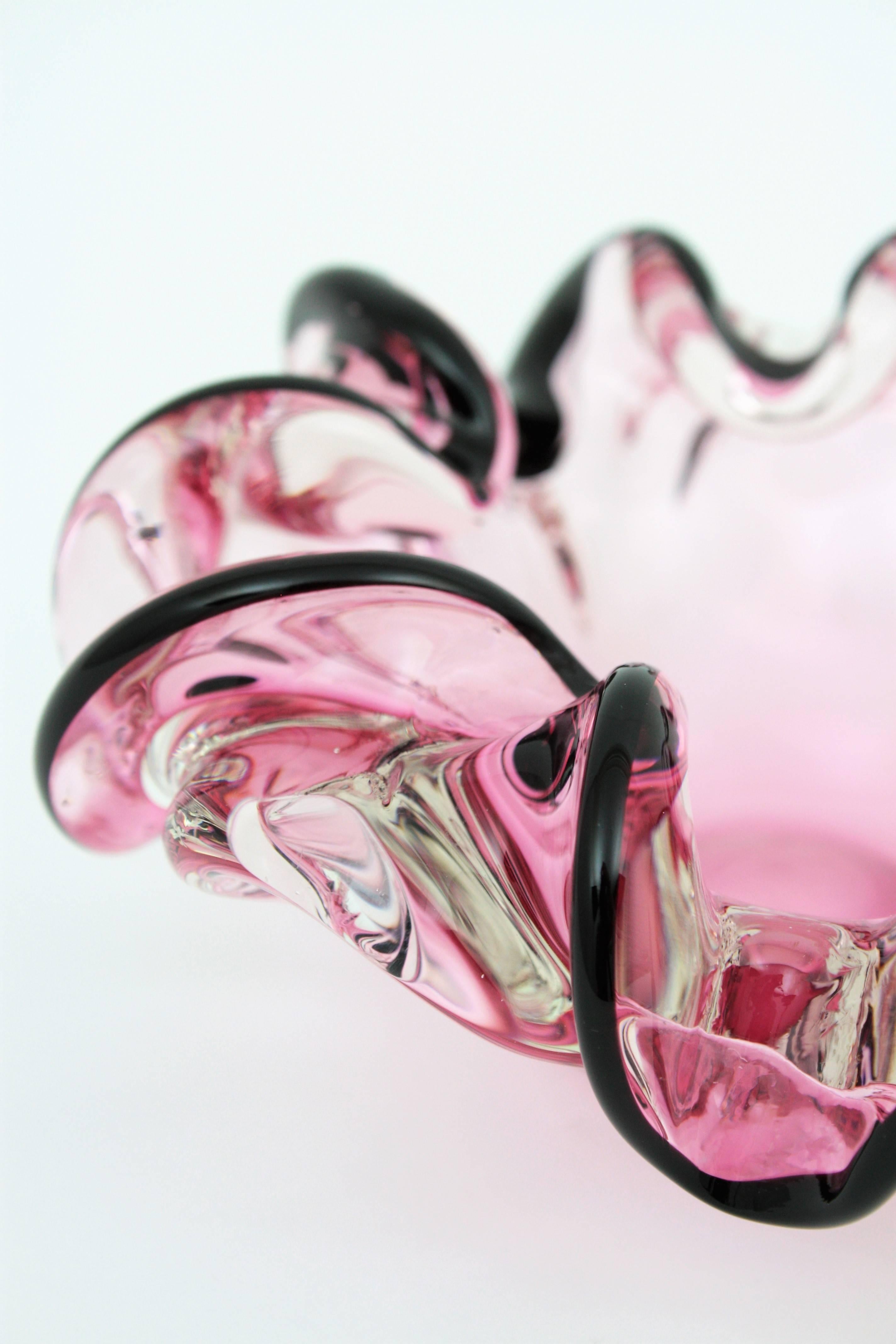 Italian 1960s Handblown Pink and Black Sommero Murano Art Glass Flower Bowl 5
