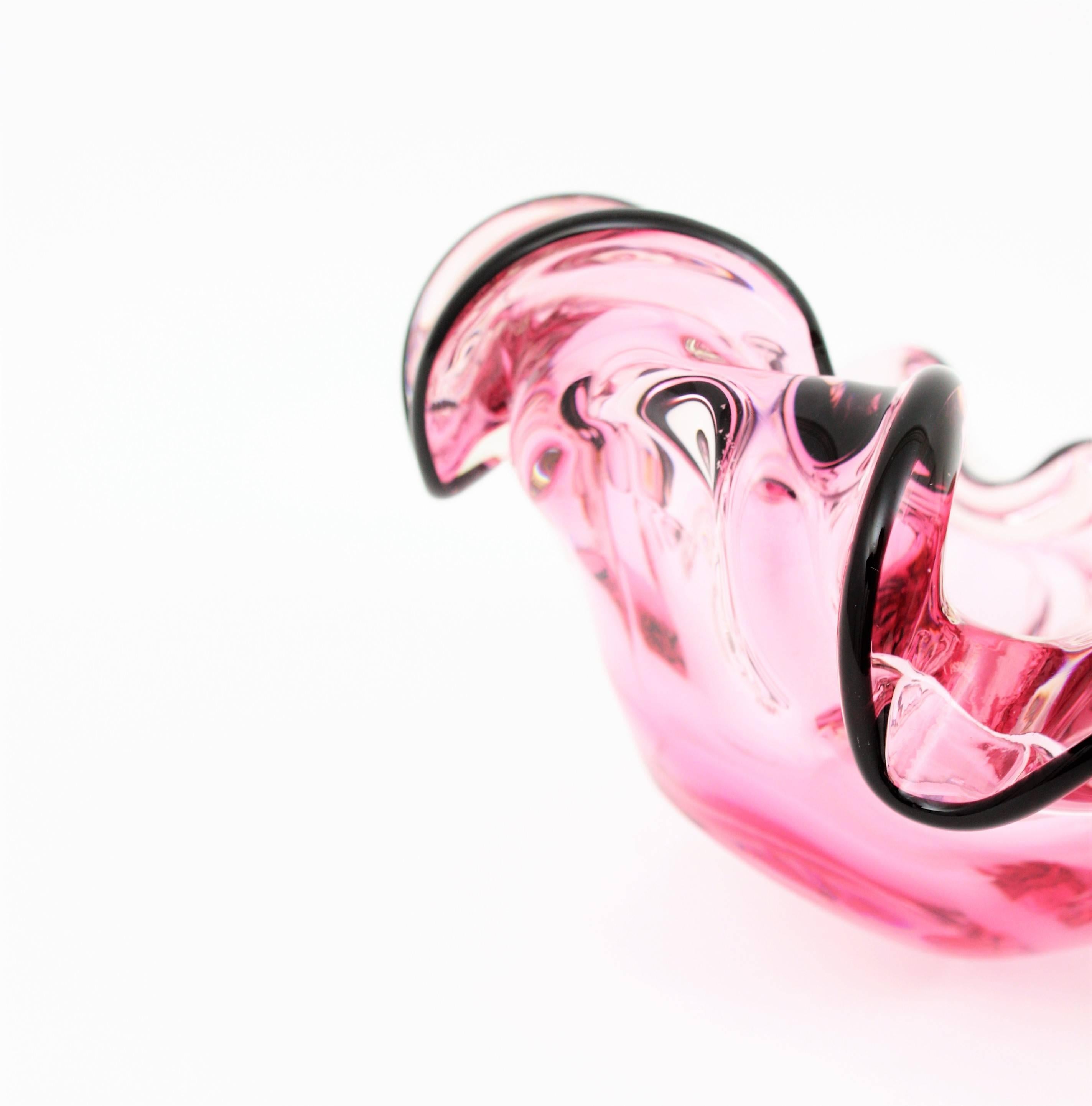 Italian 1960s Handblown Pink and Black Sommero Murano Art Glass Flower Bowl 8