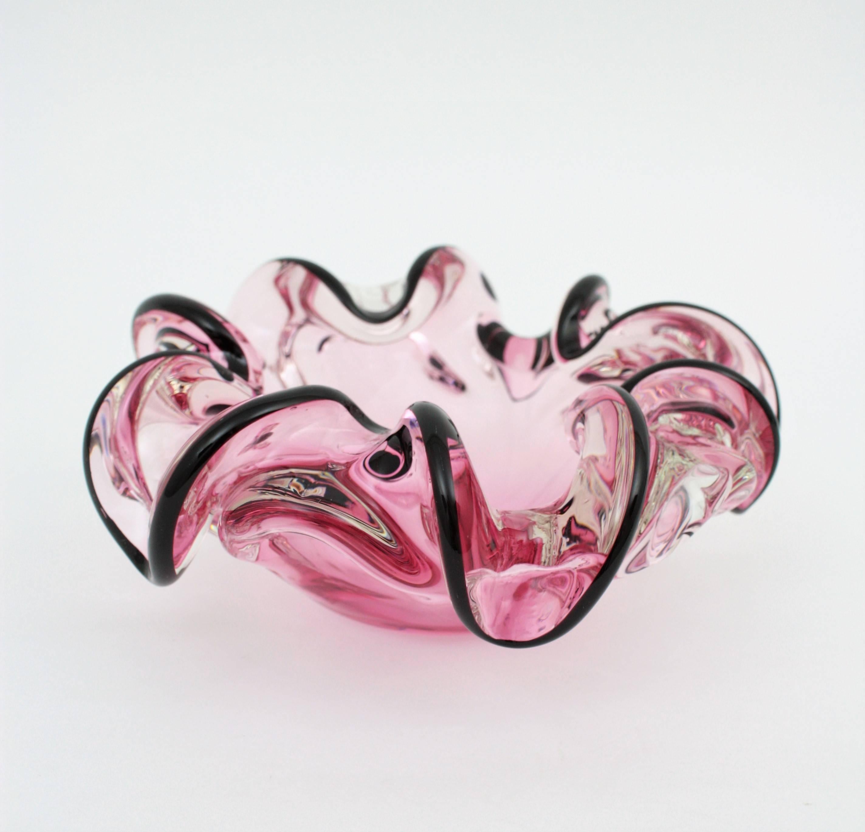 Mid-20th Century Italian 1960s Handblown Pink and Black Sommero Murano Art Glass Flower Bowl