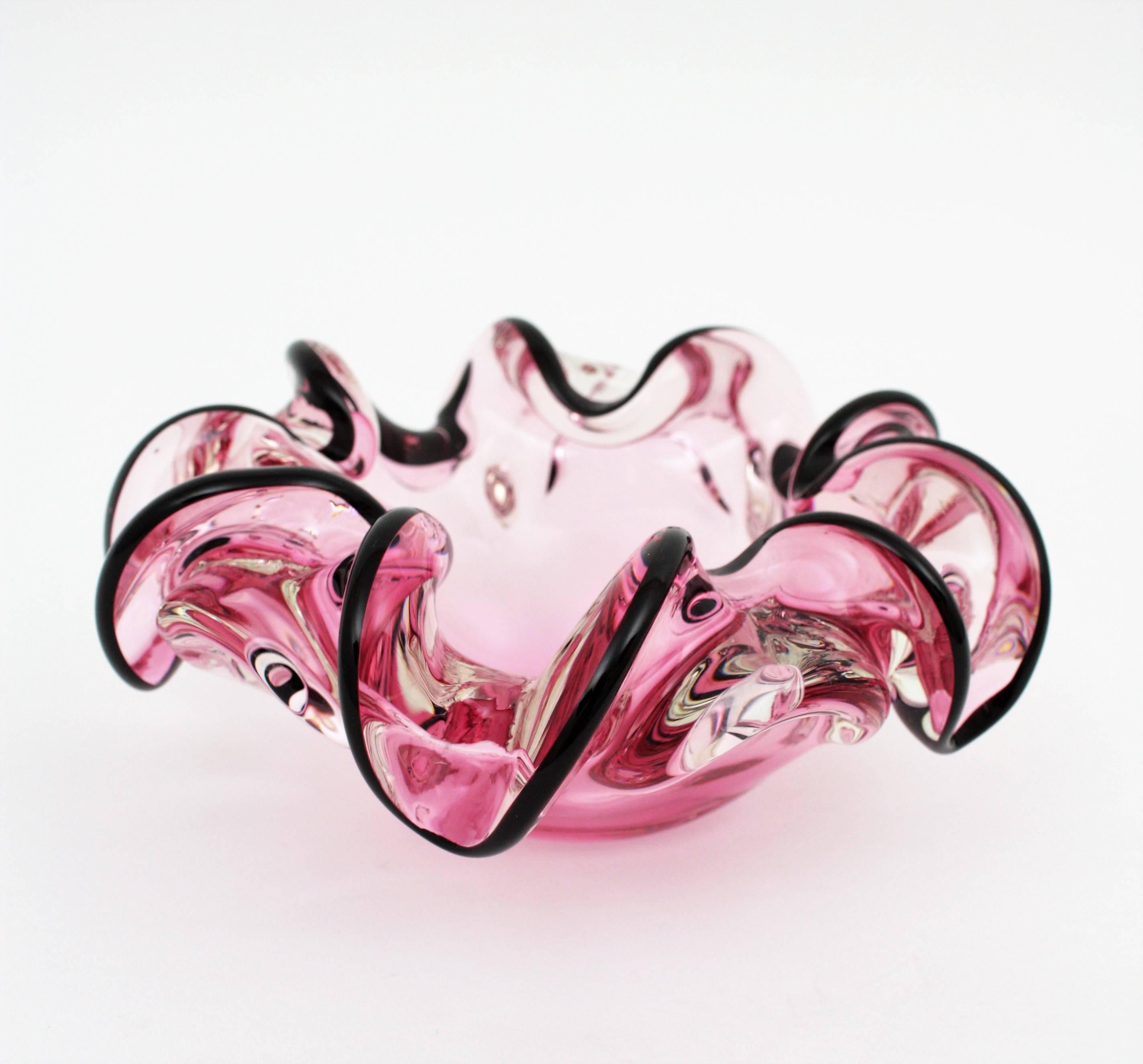 Italian 1960s Handblown Pink and Black Sommero Murano Art Glass Flower Bowl 1